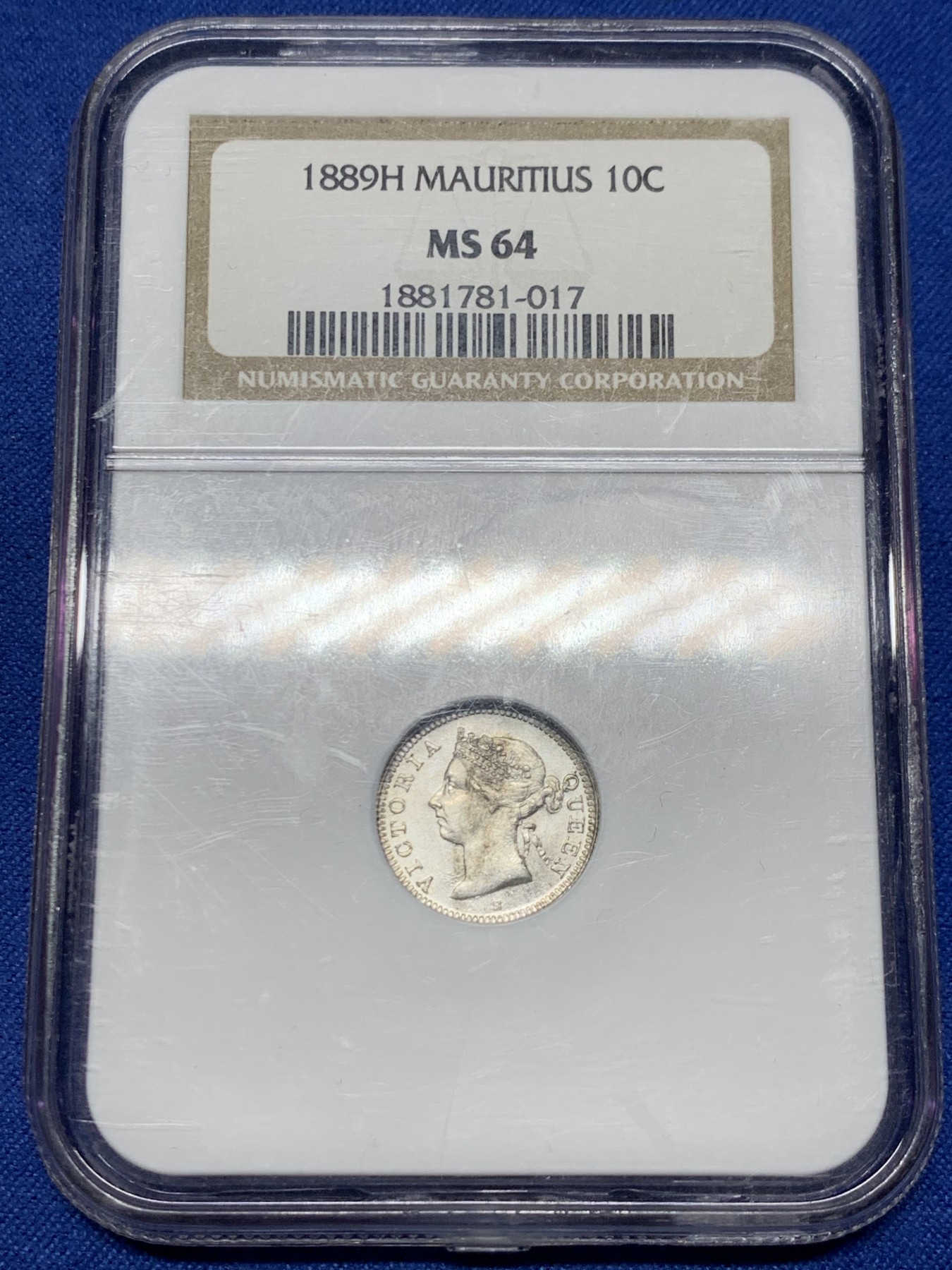 《竞宝斋》第259场-周日，周一 2场连拍 (全场包邮) NGC MS64 英属毛里求斯1889H年10分银币