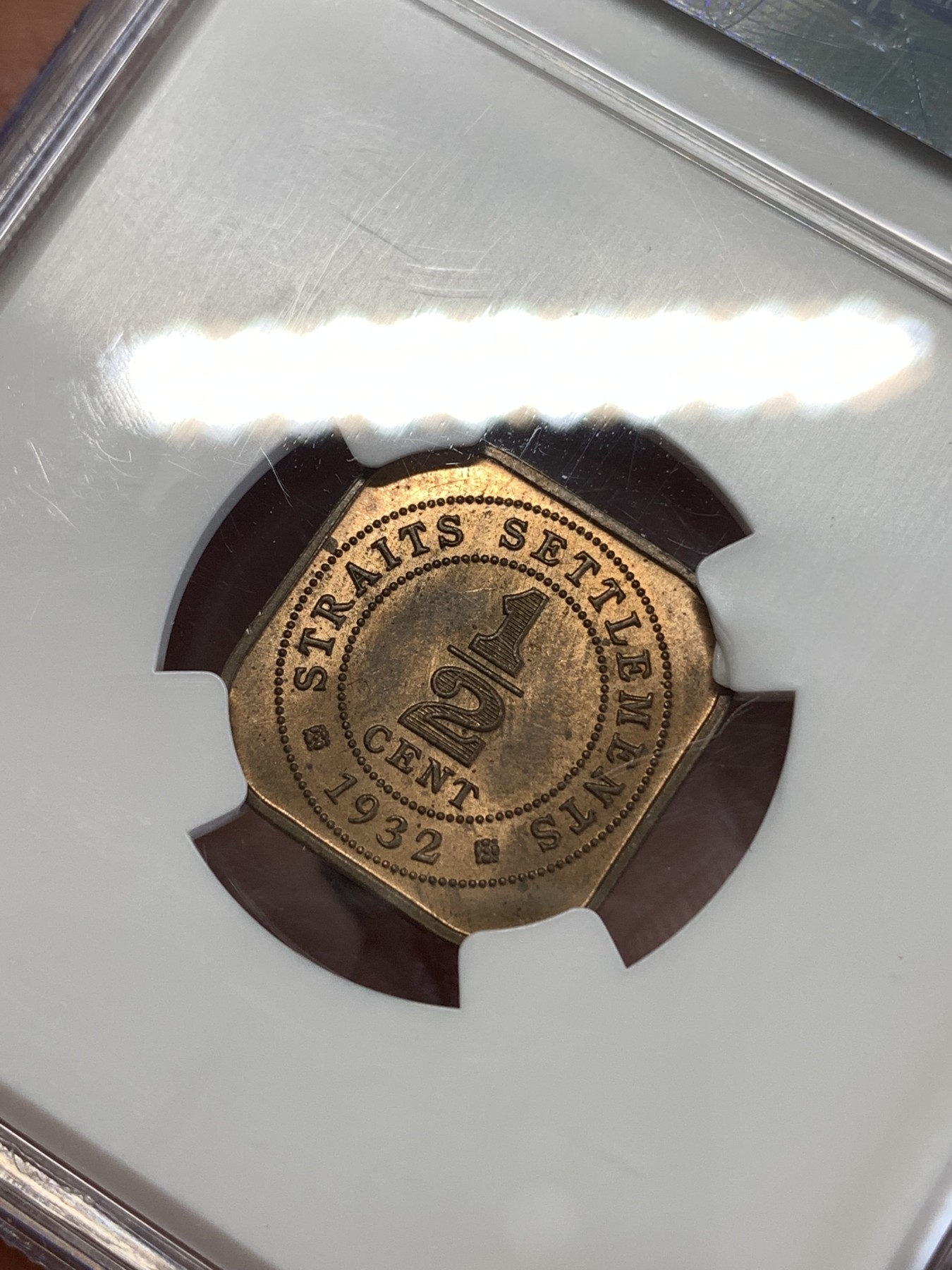 《竞宝斋》第259场-周日，周一 2场连拍 (全场包邮) NGC MS64RB 海峡殖民地1932年1/2分铜币