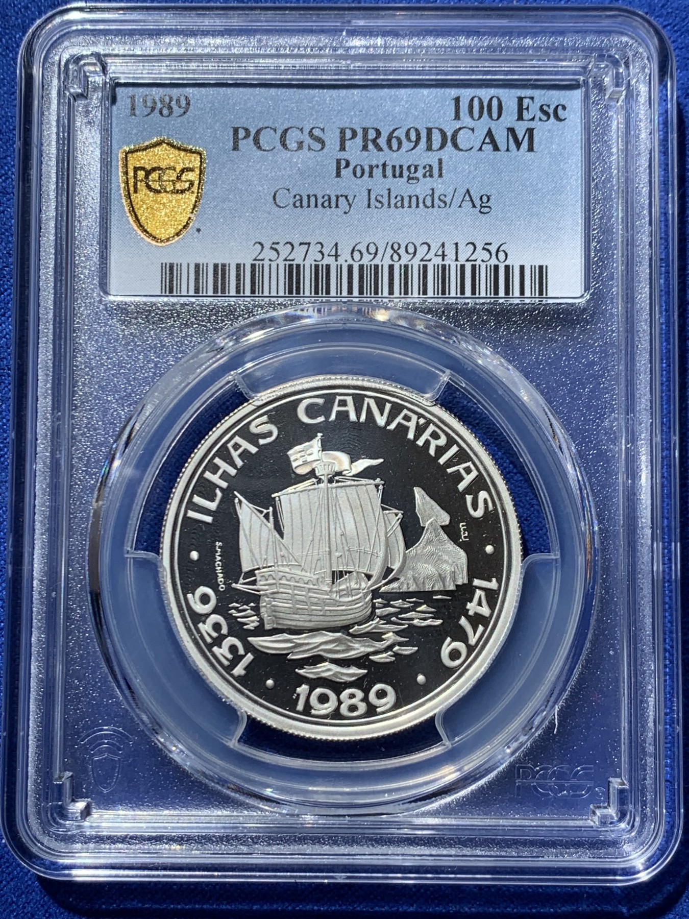 《竞宝斋》第259场-周日，周一 2场连拍 (全场包邮) PCGS金盾 PR69DCAM 葡萄牙1989年100埃斯库多精制银币 冠军分