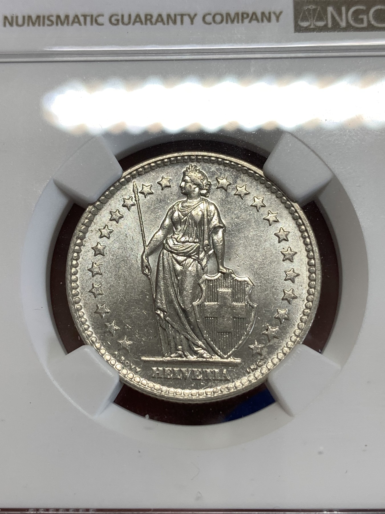 《竞宝斋》第259场-周日，周一 2场连拍 (全场包邮) NGC MS62 瑞士 1960年 赫尔维蒂亚 雪山女神2法郎银币