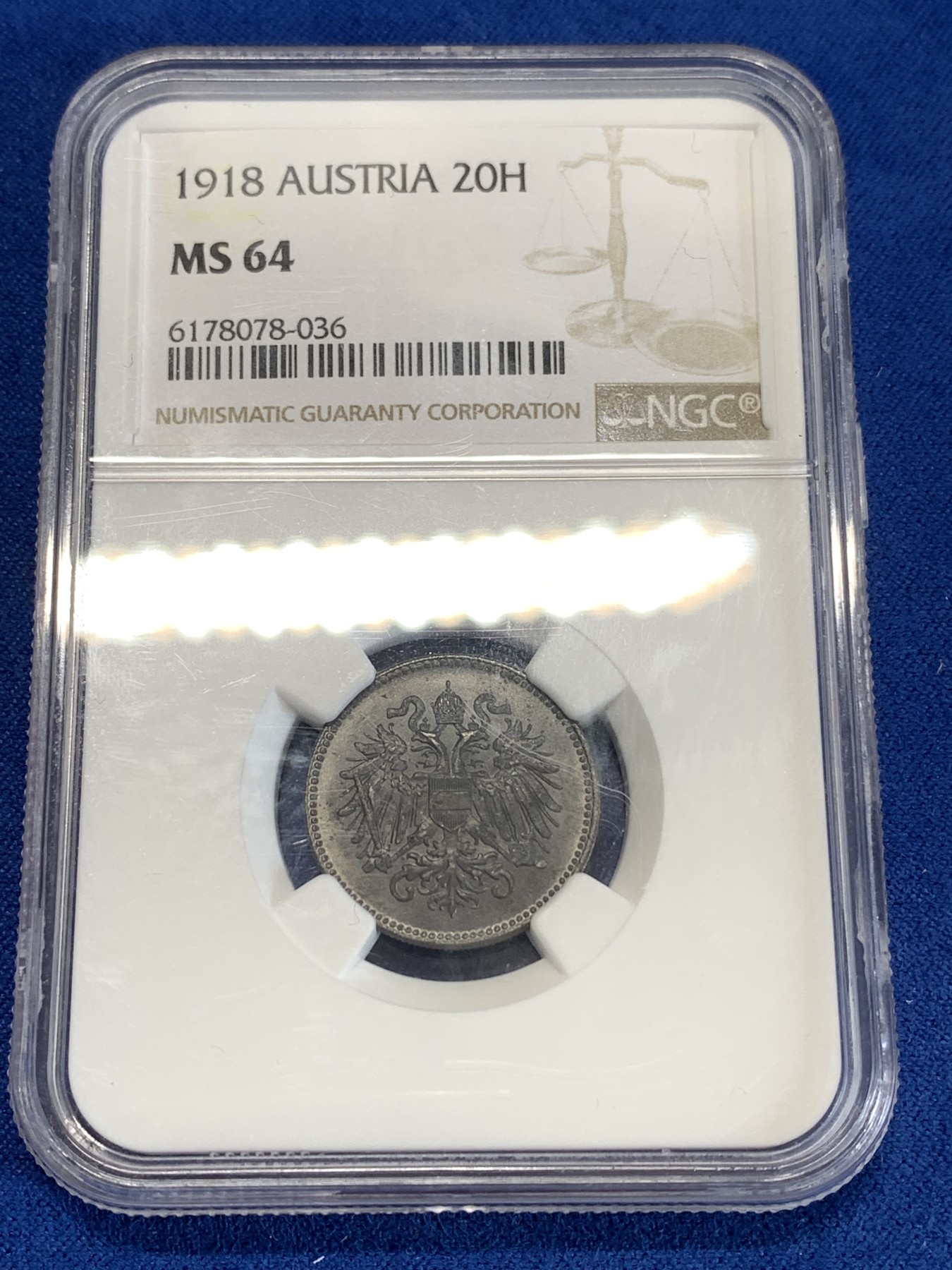 《竞宝斋》第259场-周日，周一 2场连拍 (全场包邮) 冠军分 NGC MS64 奥匈帝国奥地利1918年双头鹰20赫勒铁币