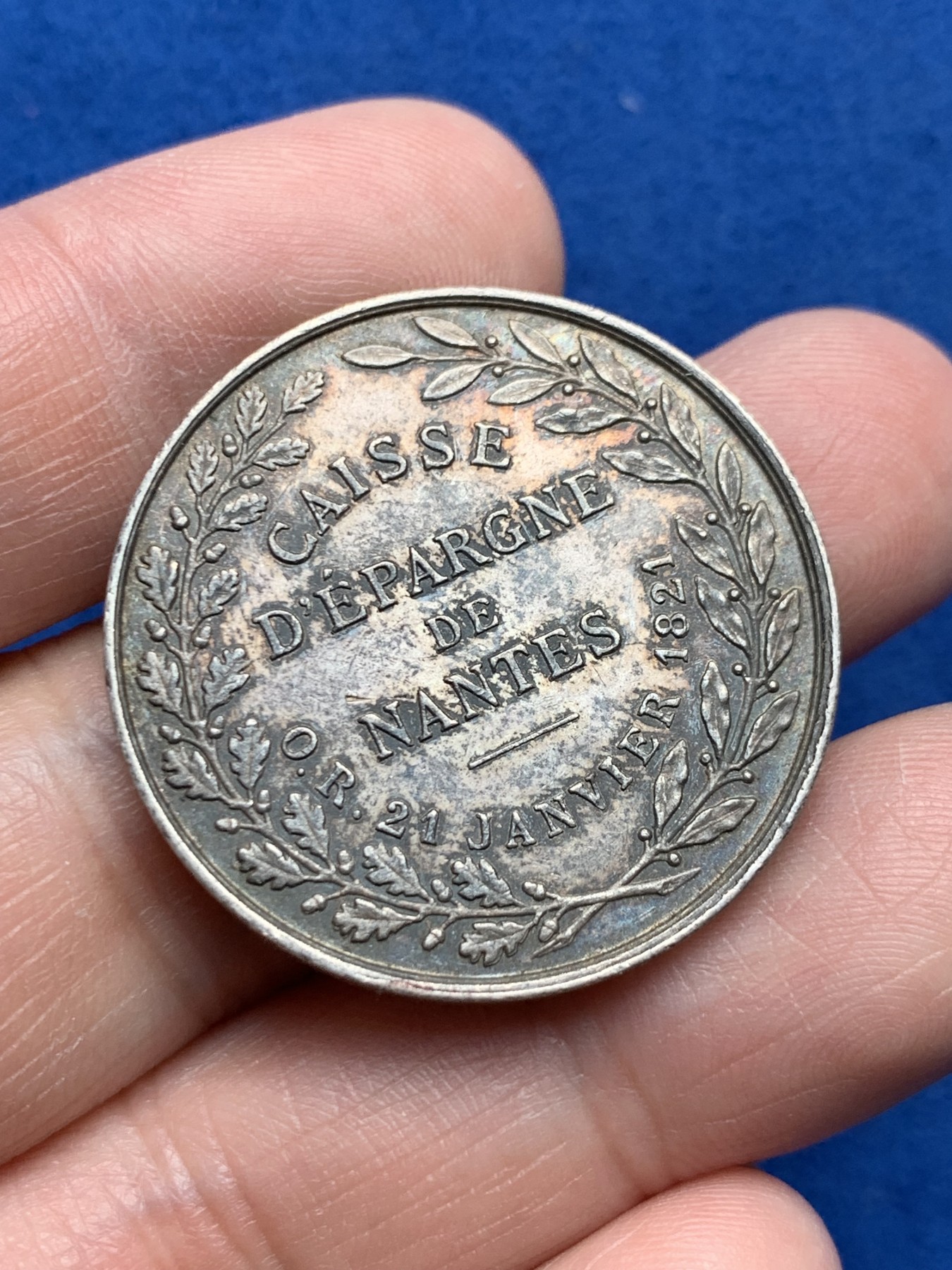 《竞宝斋》第259场-周日，周一 2场连拍 (全场包邮) 法国南特储蓄银质代币 丰饶角银标 32.3mm 15.2克