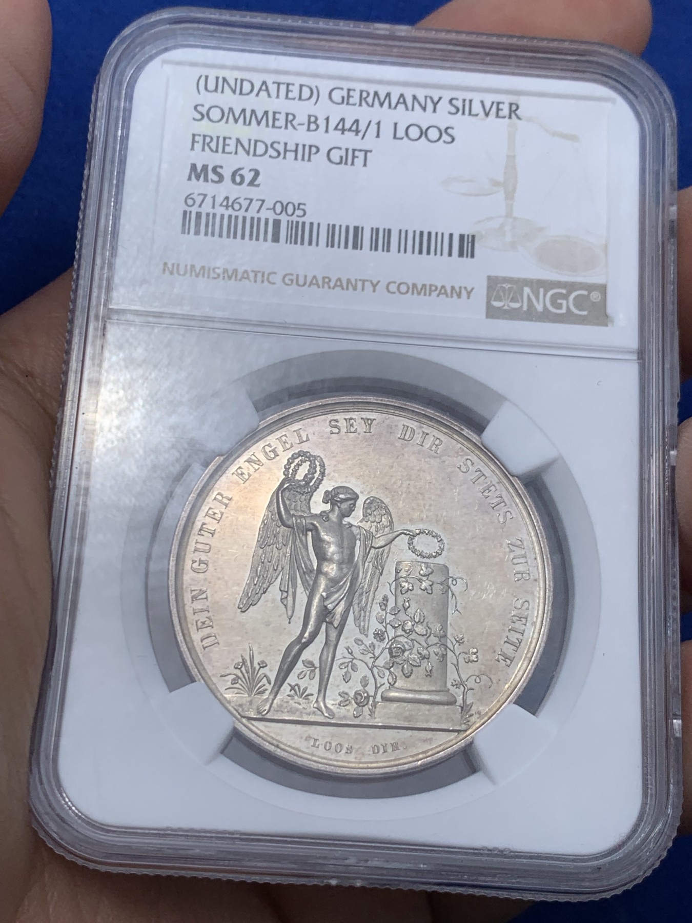 《竞宝斋》第259场-周日，周一 2场连拍 (全场包邮) NGC MS62 1800年德国新世纪美好祝愿银章 祝福友谊地久天长！名家Loos作品 PL底板 细节丰富