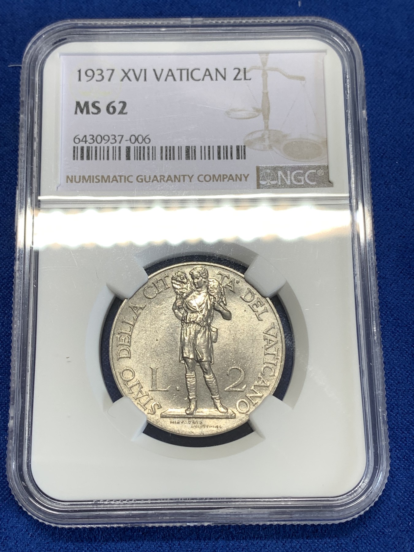 《竞宝斋》第259场-周日，周一 2场连拍 (全场包邮) NGC MS62 梵蒂冈 1937年 扛羊2里拉 经典设计 细节好