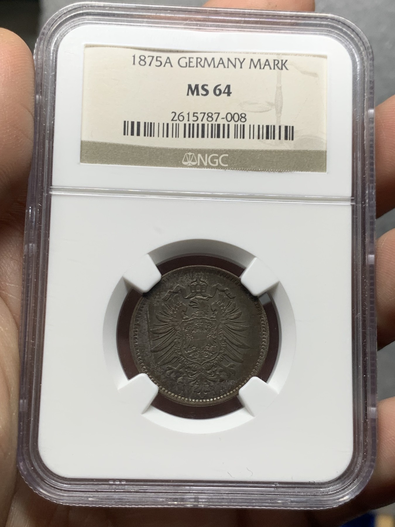 《竞宝斋》第259场-周日，周一 2场连拍 (全场包邮) NGC MS64 德国 1875年 短翅 1马克 银币 老黑彩 流通充分的品种 MS很少 被低估的品种