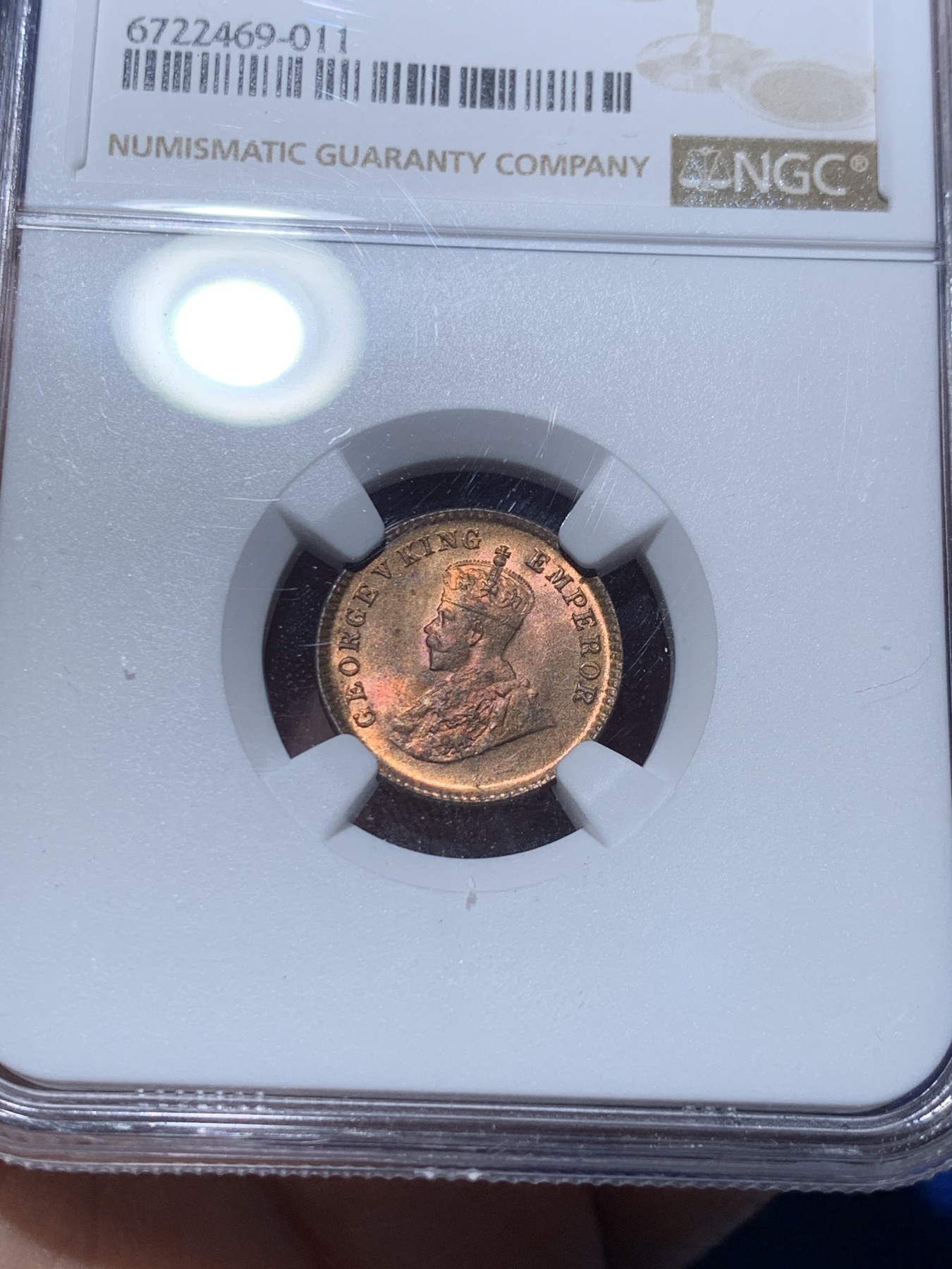 《竞宝斋》第259场-周日，周一 2场连拍 (全场包邮) NGC MS65RB 英属印度乔治五世1932年1/12安娜铜币