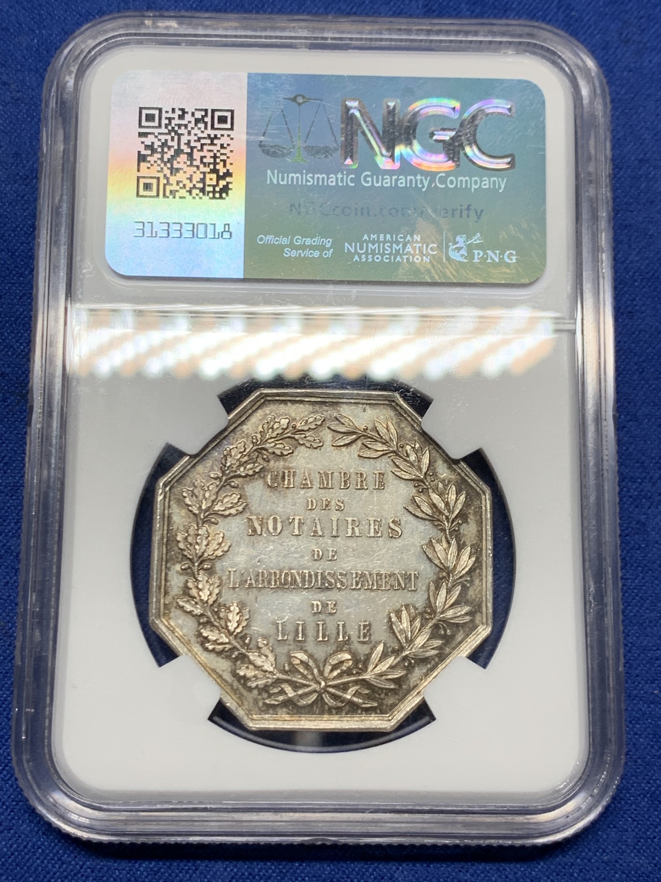 《竞宝斋》第259场-周日，周一 2场连拍 (全场包邮) NGC MS63 法国1883年里尔公证处八角银质代币 丰饶角边铭