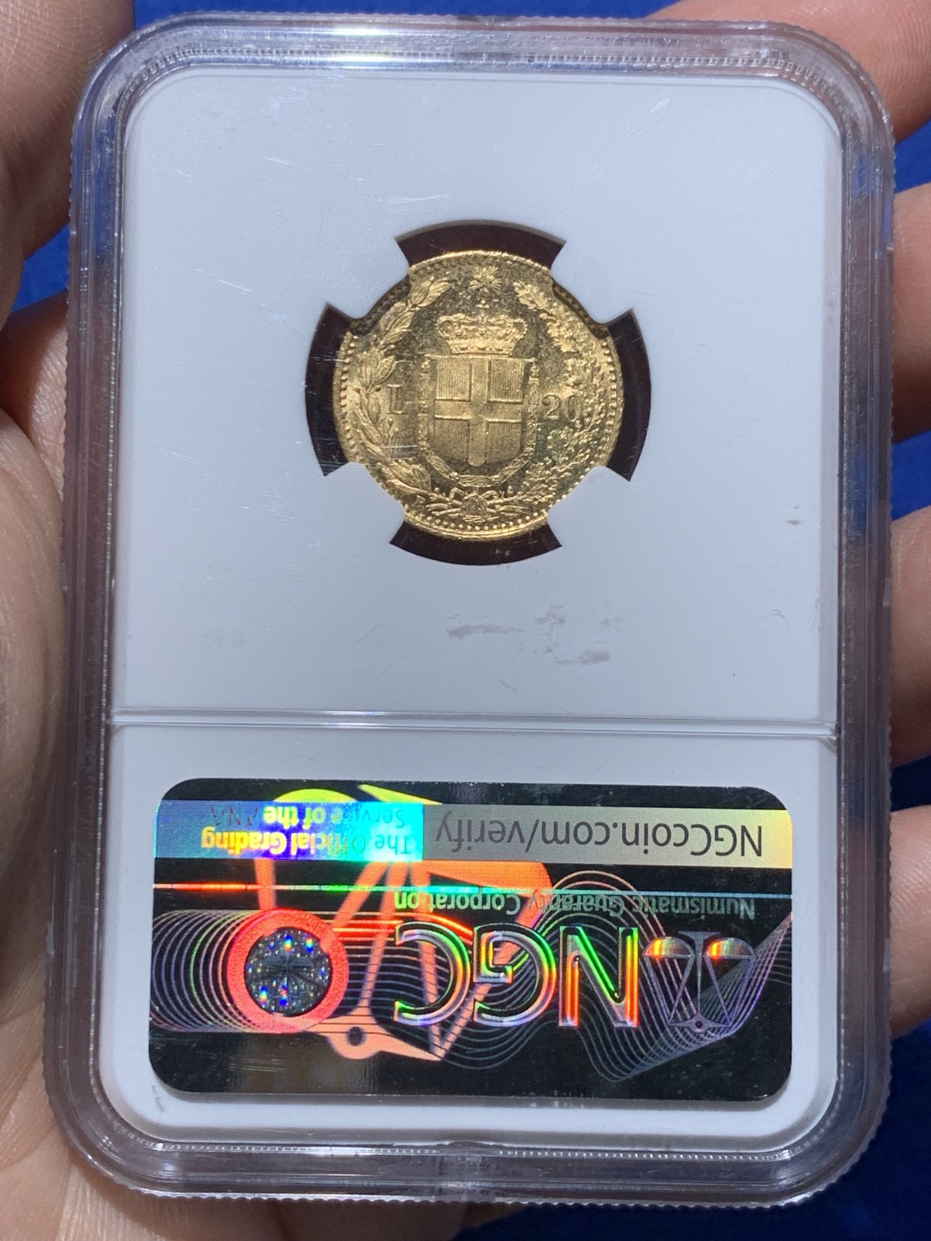 《竞宝斋》第259场-周日，周一 2场连拍 (全场包邮) NGC MS64  意大利 1882年翁贝托20里拉金币  PL镜面底板 6.45克