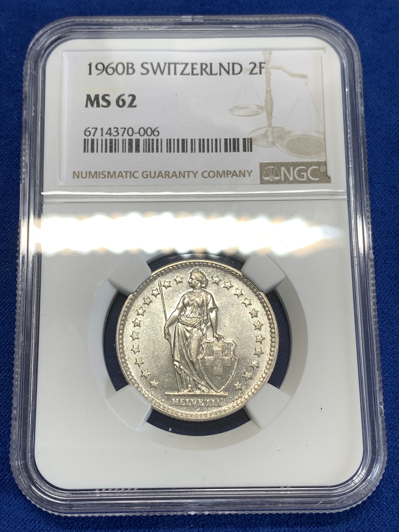 《竞宝斋》第259场-周日，周一 2场连拍 (全场包邮) NGC MS62 瑞士 1960年 赫尔维蒂亚 雪山女神2法郎银币