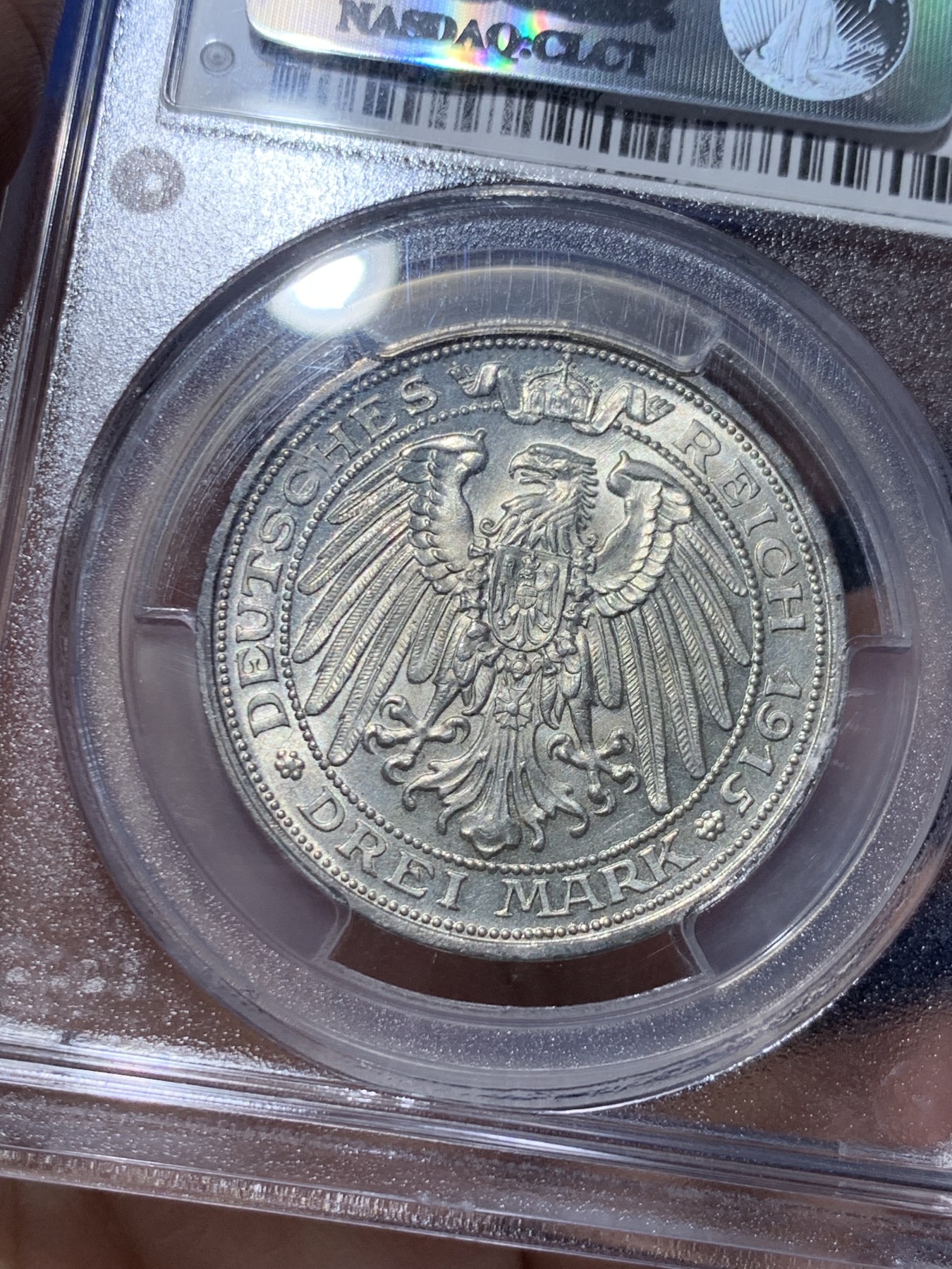 《竞宝斋》第259场-周日，周一 2场连拍 (全场包邮) PCGS MS66 1915年德国普鲁士曼斯菲尔德屠龙3马克银币 顶级品相状态