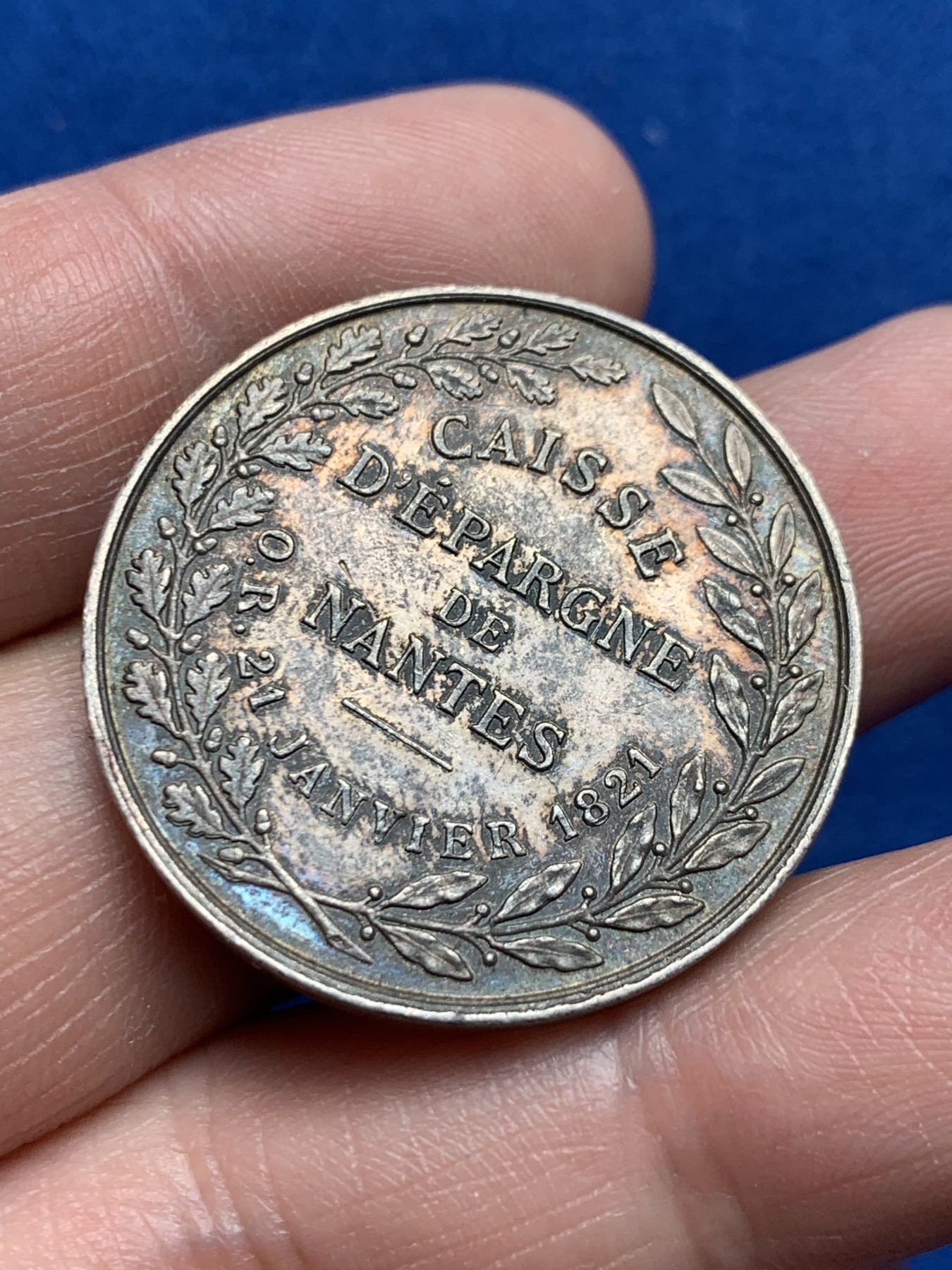 《竞宝斋》第259场-周日，周一 2场连拍 (全场包邮) 法国南特储蓄银质代币 丰饶角银标 32.3mm 15.2克