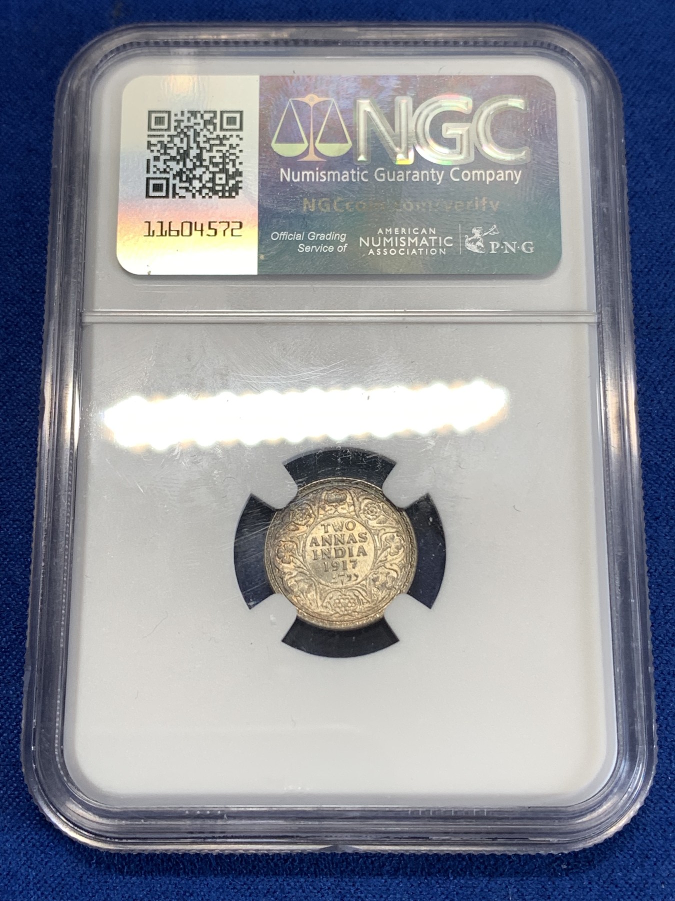 《竞宝斋》第259场-周日，周一 2场连拍 (全场包邮) NGC MS63 英属印度 1917年 乔治五世 2安娜 银币 淡五彩