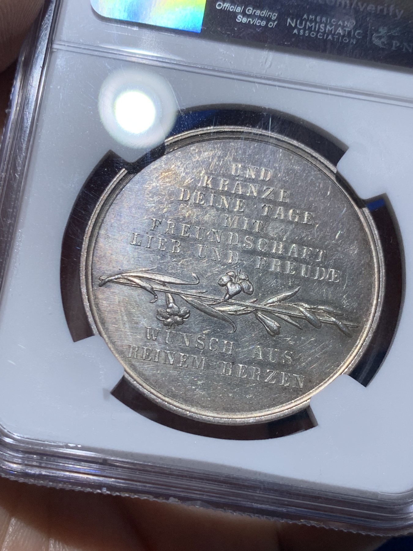 《竞宝斋》第259场-周日，周一 2场连拍 (全场包邮) NGC MS62 1800年德国新世纪美好祝愿银章 祝福友谊地久天长！名家Loos作品 PL底板 细节丰富