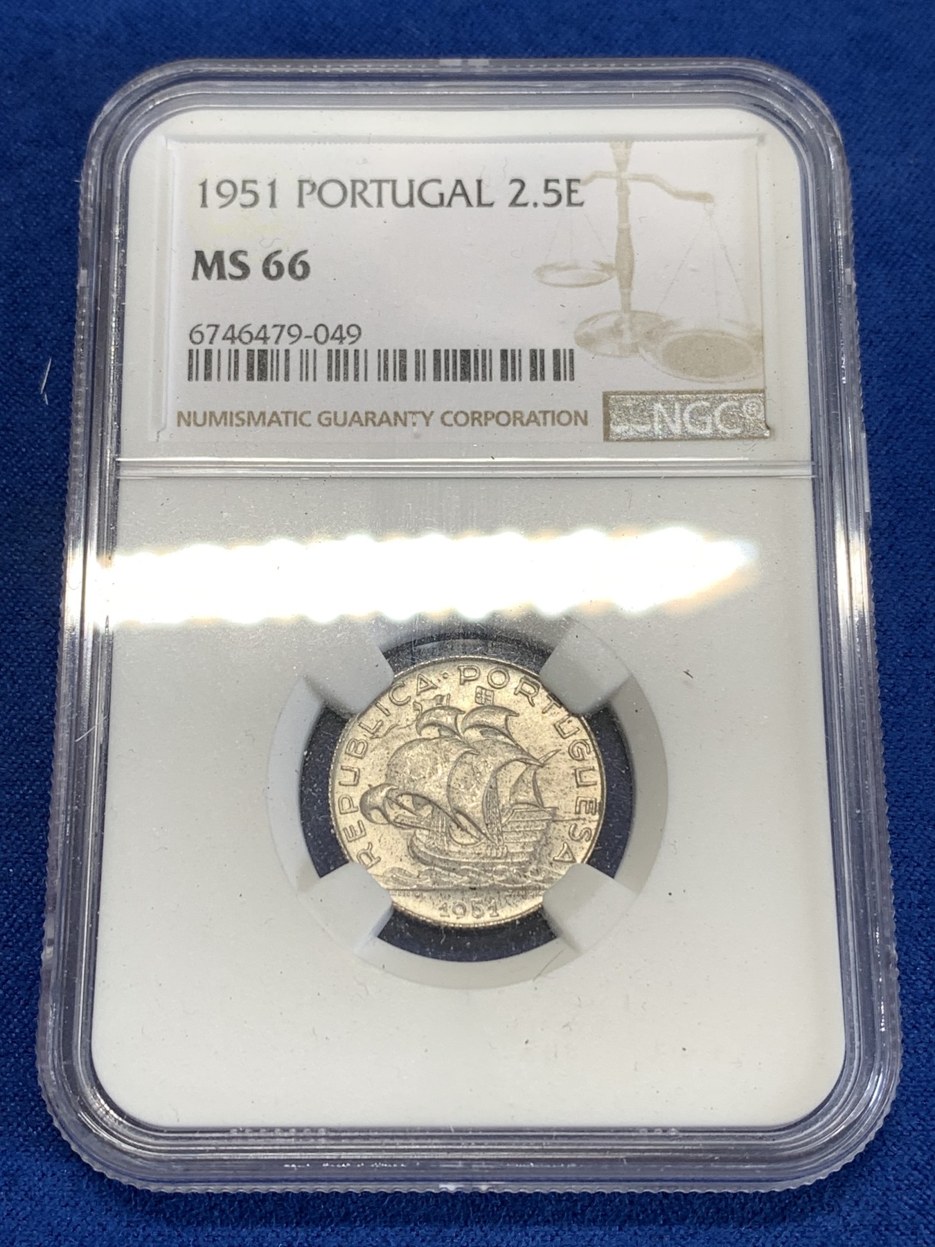 《竞宝斋》第259场-周日，周一 2场连拍 (全场包邮) NGC MS66 葡萄牙1951年帆船2.5埃斯库多银币