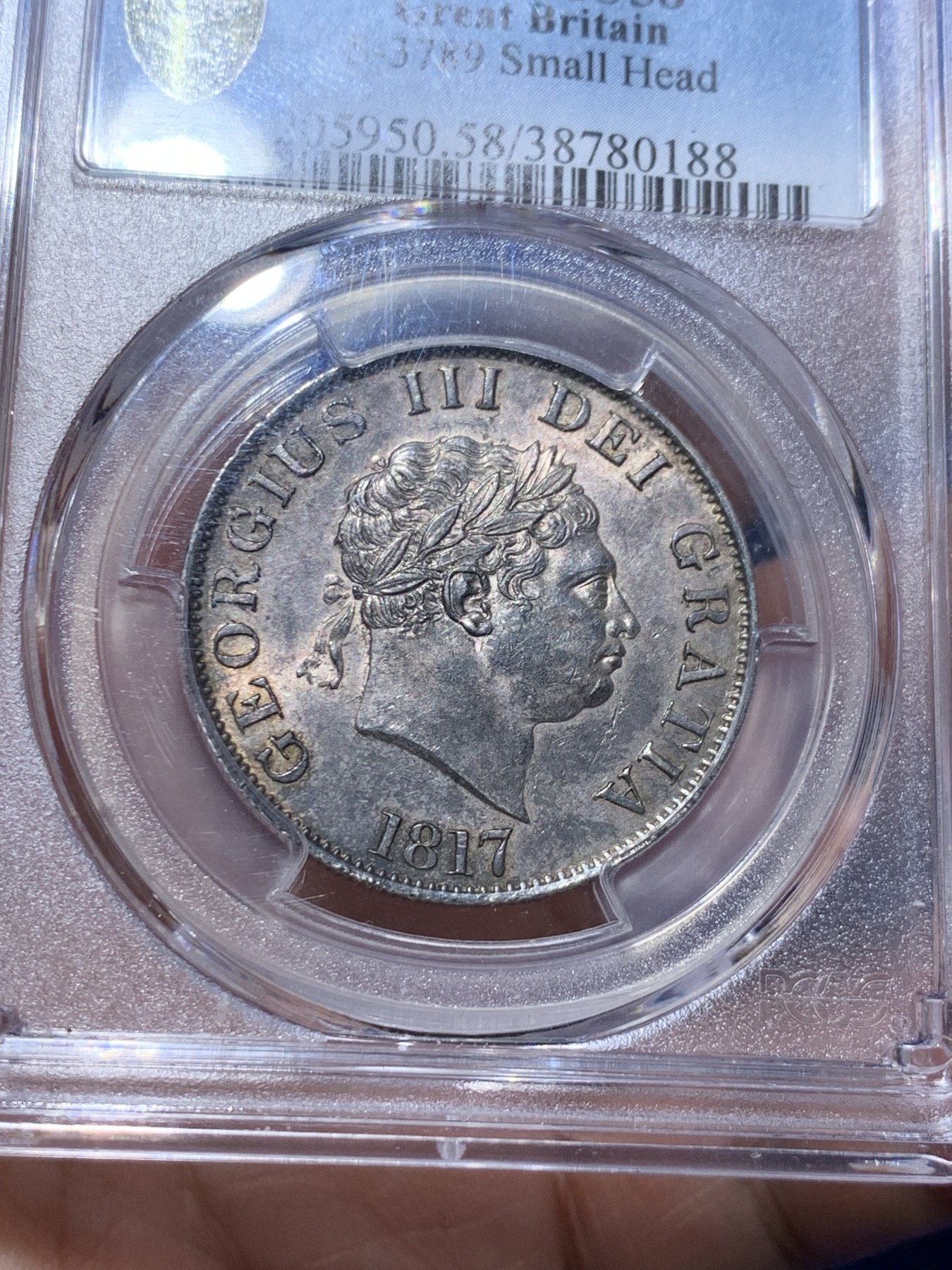 《竞宝斋》第259场-周日，周一 2场连拍 (全场包邮) PCGS AU58 英国 1817年 乔治三世 半克朗 小头版少 包浆舒服 味道一流