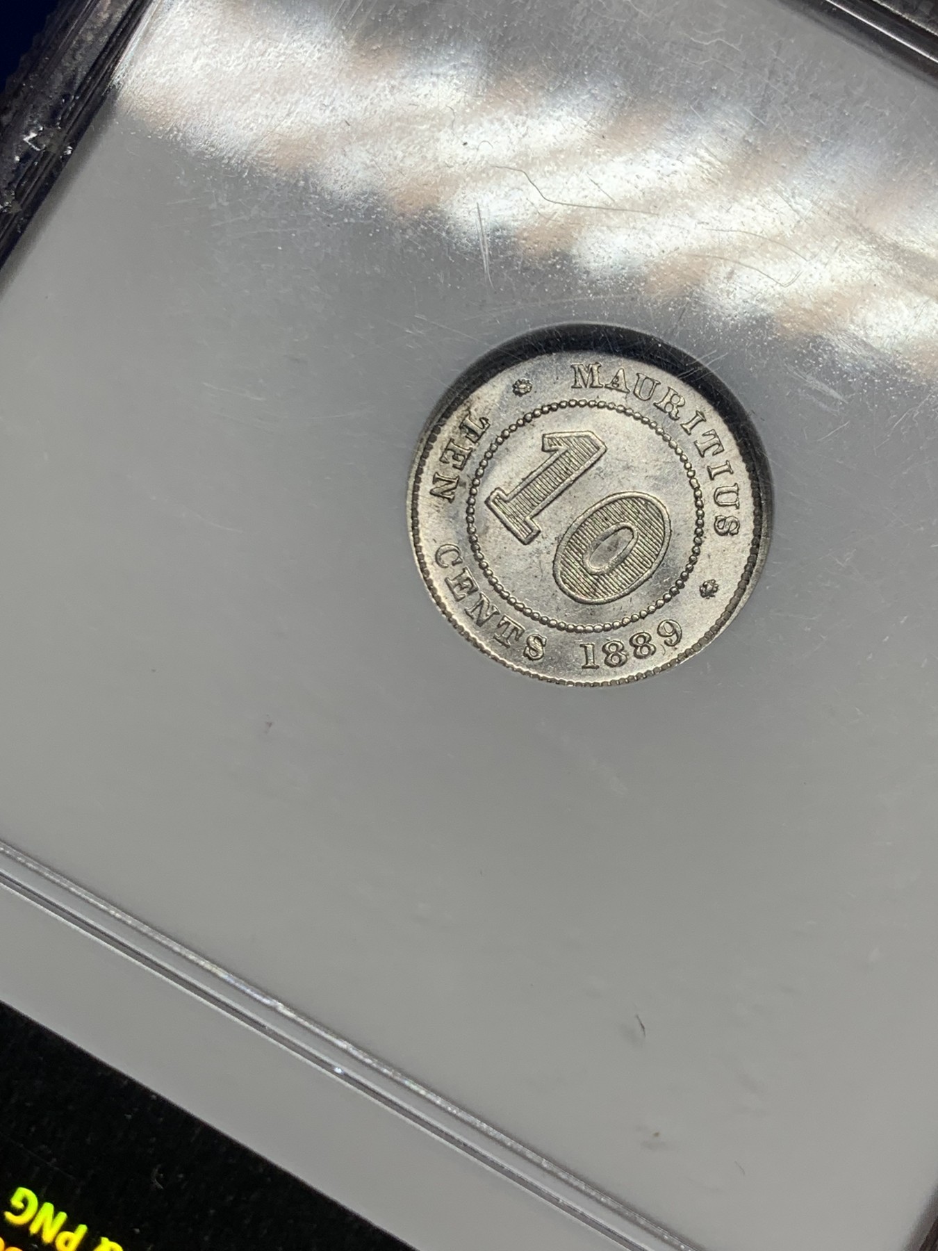 《竞宝斋》第259场-周日，周一 2场连拍 (全场包邮) NGC MS64 英属毛里求斯1889H年10分银币