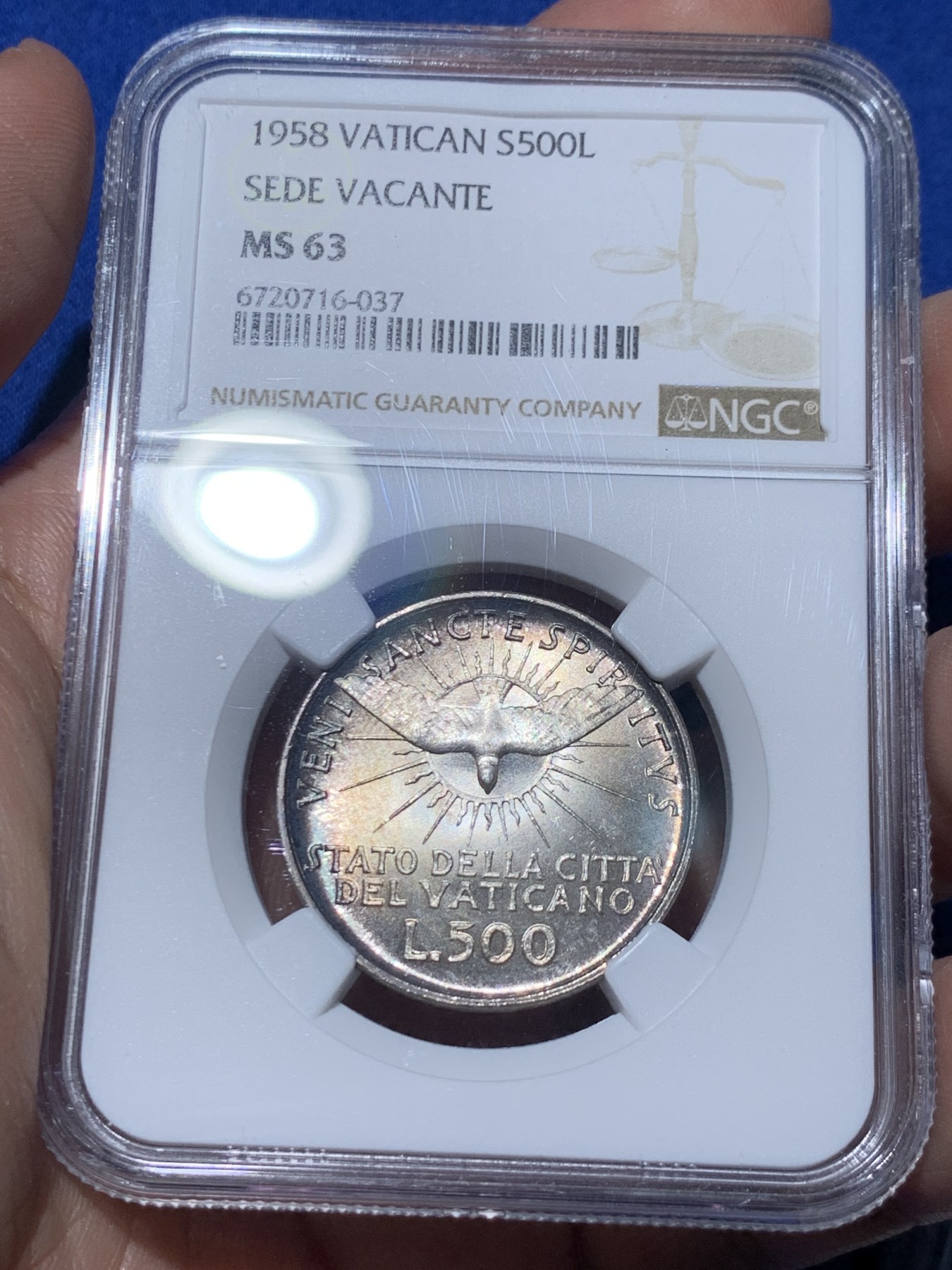 《竞宝斋》第259场-周日，周一 2场连拍 (全场包邮) NGC MS63 梵蒂冈1958年教皇缺位500里拉银币
