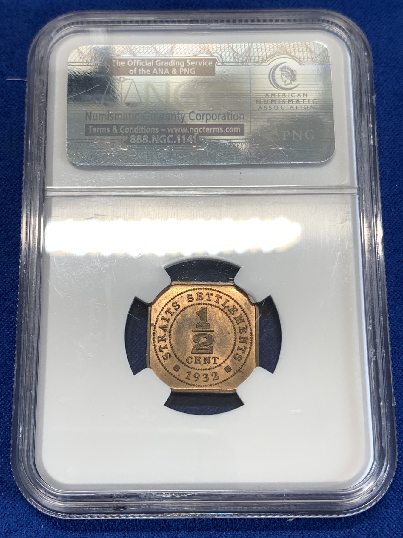 《竞宝斋》第259场-周日，周一 2场连拍 (全场包邮) NGC MS64RB 海峡殖民地1932年1/2分铜币