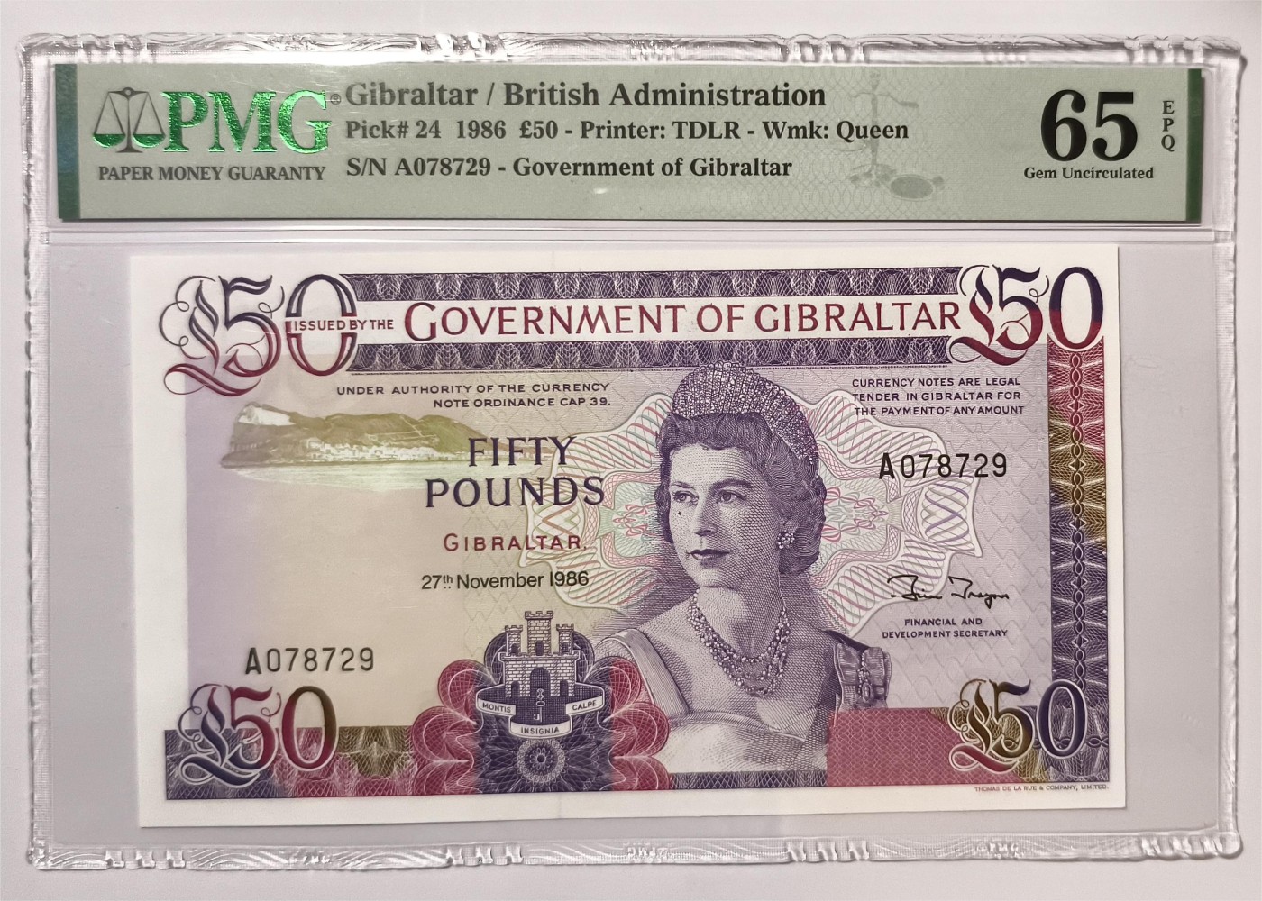 紫瑗钱币——第339期拍卖——纸币场 【首发A冠 PMG 65EPQ】 直布罗陀 1986年 伊丽莎白二世 高冠 50镑 (P-24)