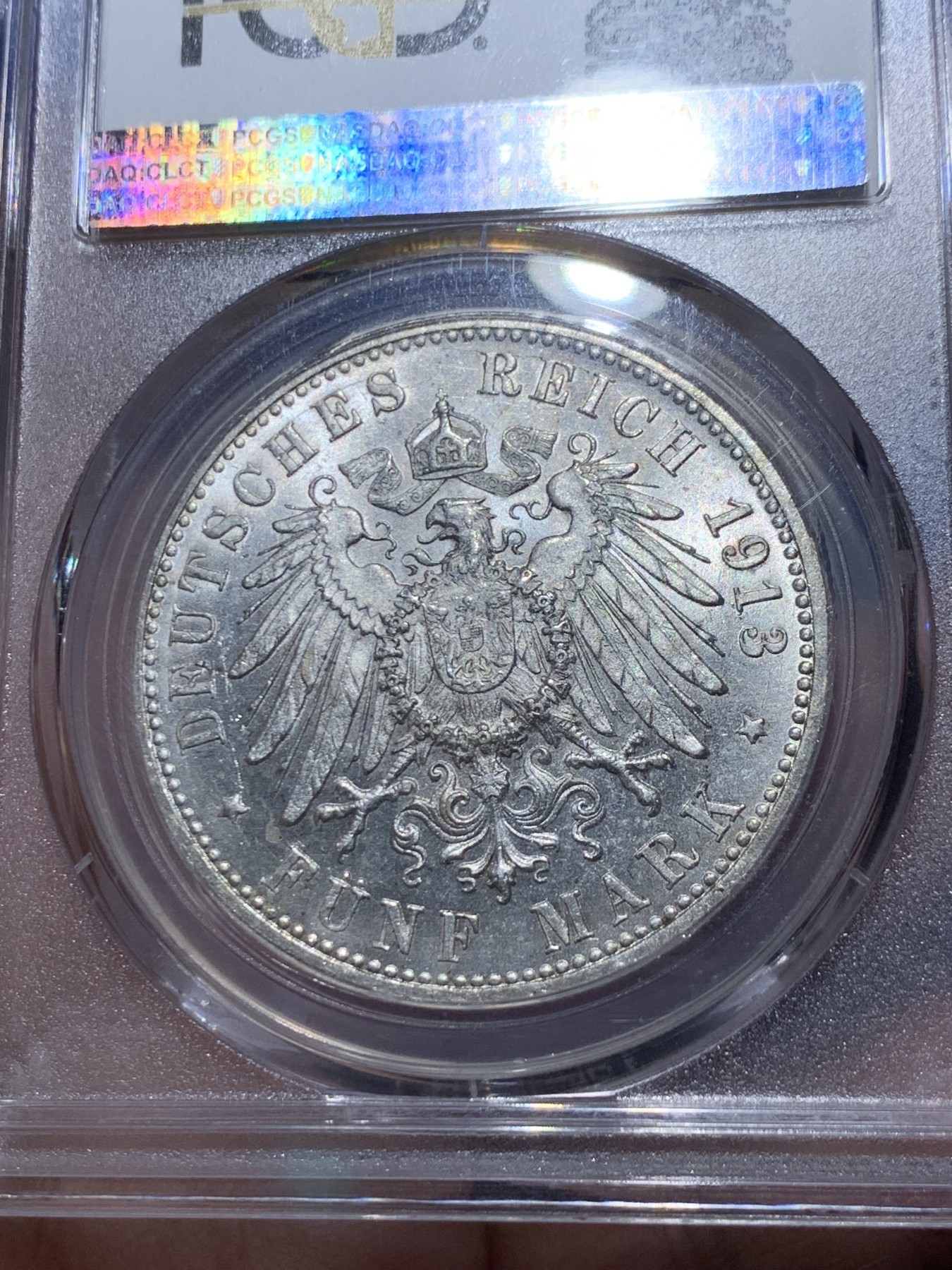 《竞宝斋》第259场-周日，周一 2场连拍 (全场包邮) PCGS MS63 德国符腾堡1913年威廉二世5马克银币，底板转光 暴光BU品相