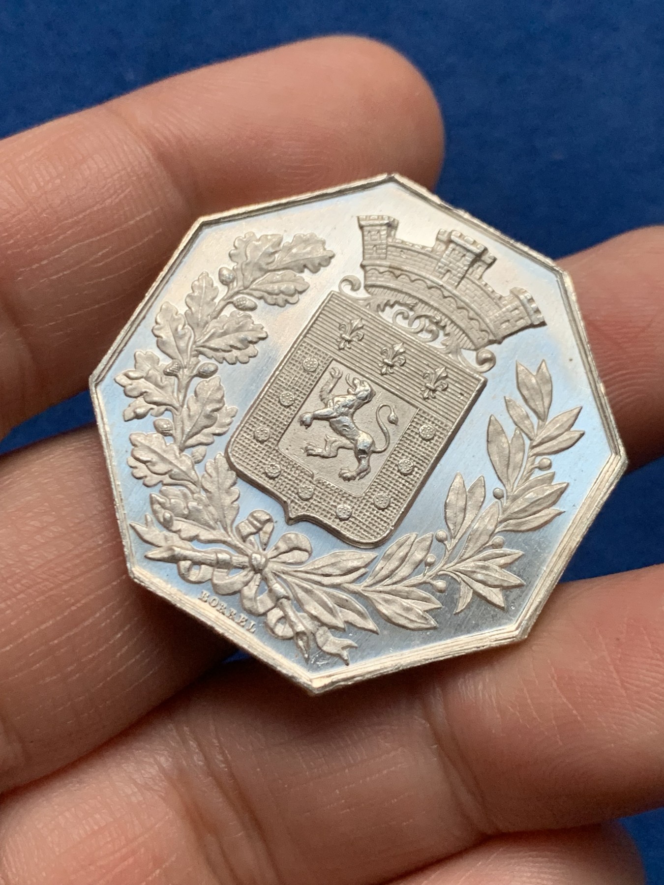 《竞宝斋》第259场-周日，周一 2场连拍 (全场包邮) 法国1860-1879火灾保险八角银质代币 重量19克 蜜蜂边铭银标 UNC好品 霜光饱满的一枚