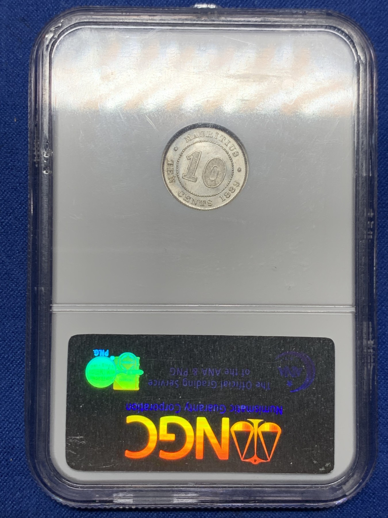 《竞宝斋》第259场-周日，周一 2场连拍 (全场包邮) NGC MS64 英属毛里求斯1889H年10分银币