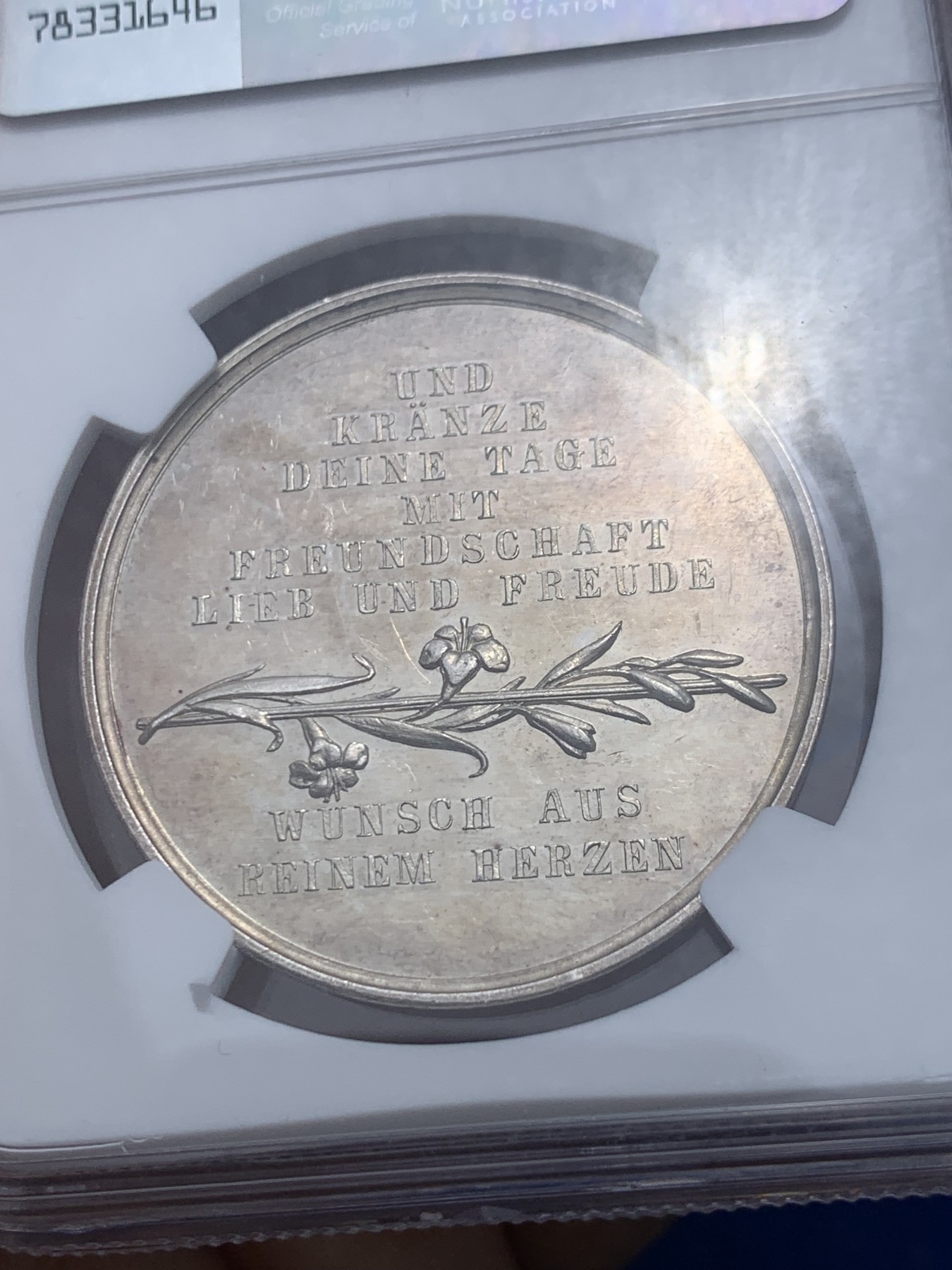 《竞宝斋》第259场-周日，周一 2场连拍 (全场包邮) NGC MS62 1800年德国新世纪美好祝愿银章 祝福友谊地久天长！名家Loos作品 PL底板 细节丰富