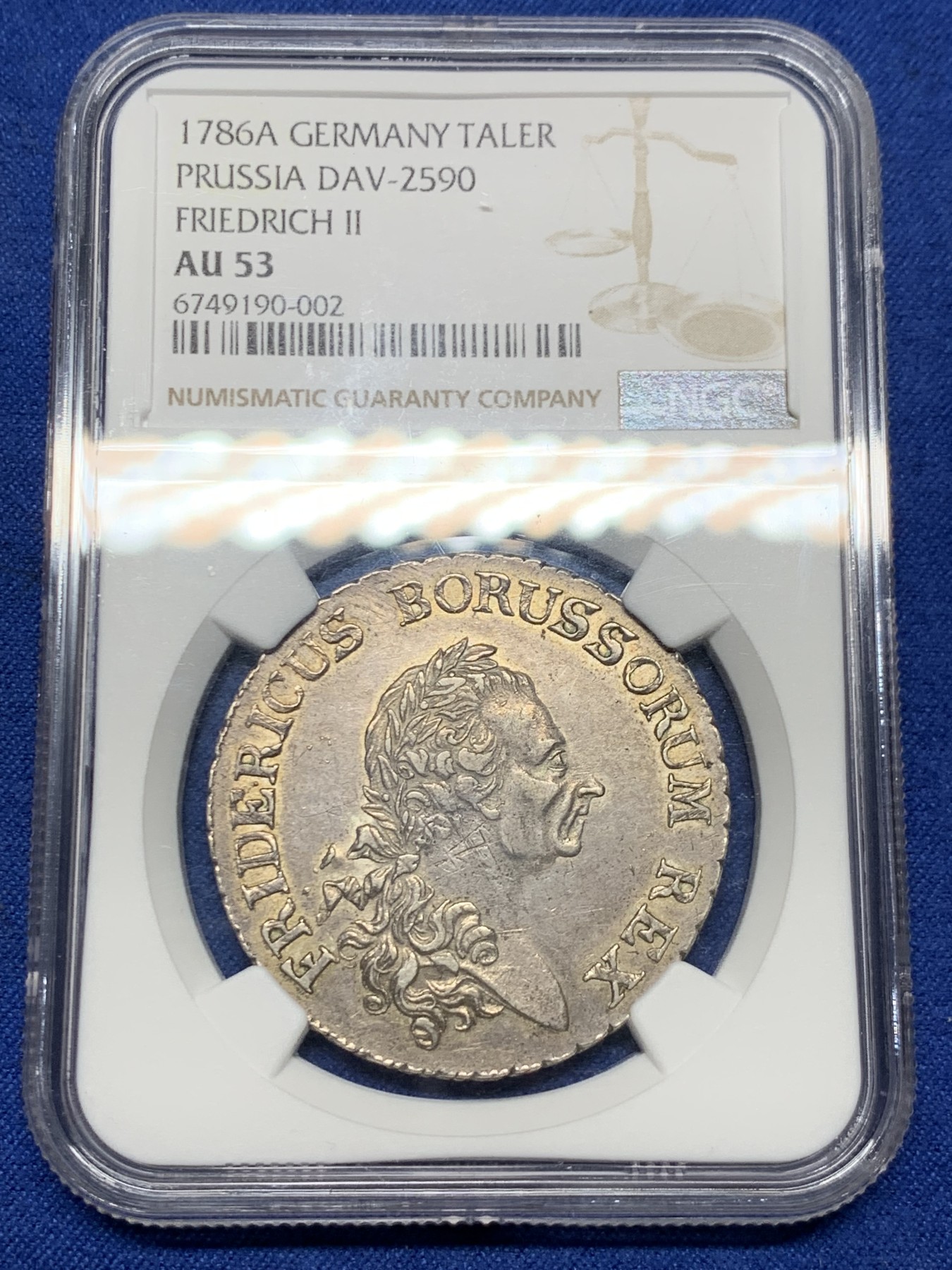 《竞宝斋》第259场-周日，周一 2场连拍 (全场包邮) NGC AU53 德国 普鲁士1786 腓特烈大帝鹰炮泰勒 末年稀少带点版