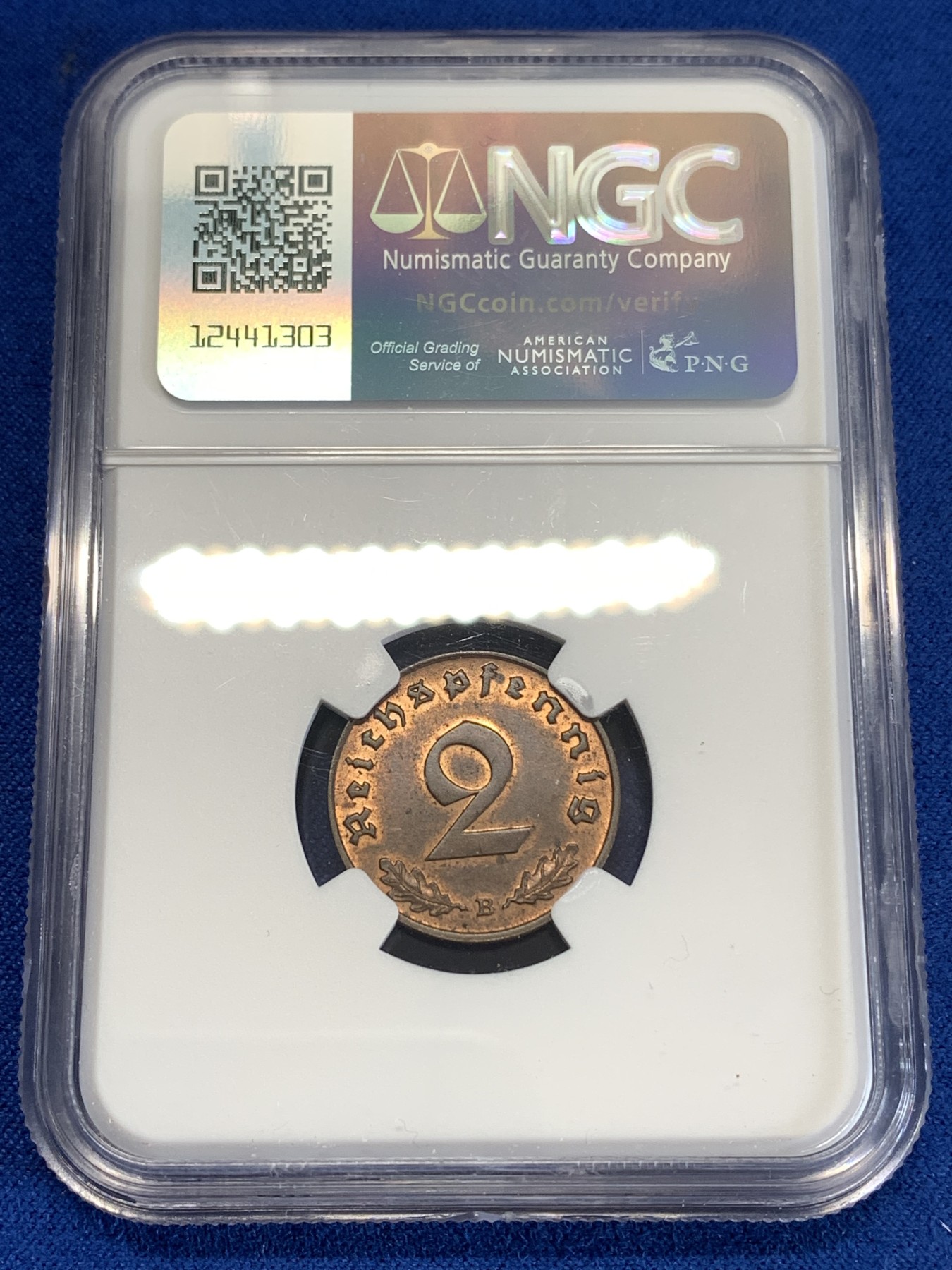 《竞宝斋》第259场-周日，周一 2场连拍 (全场包邮) NGC MS63RB 1939B德国2芬尼