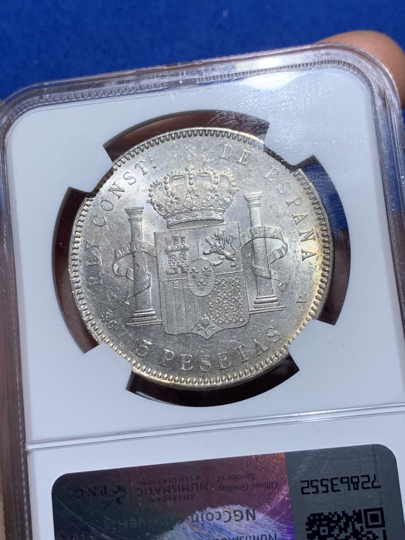 《竞宝斋》第259场-周日，周一 2场连拍 (全场包邮) NGC MS61 西班牙 1898年阿方索十三世小孩头双柱5比塞塔银币