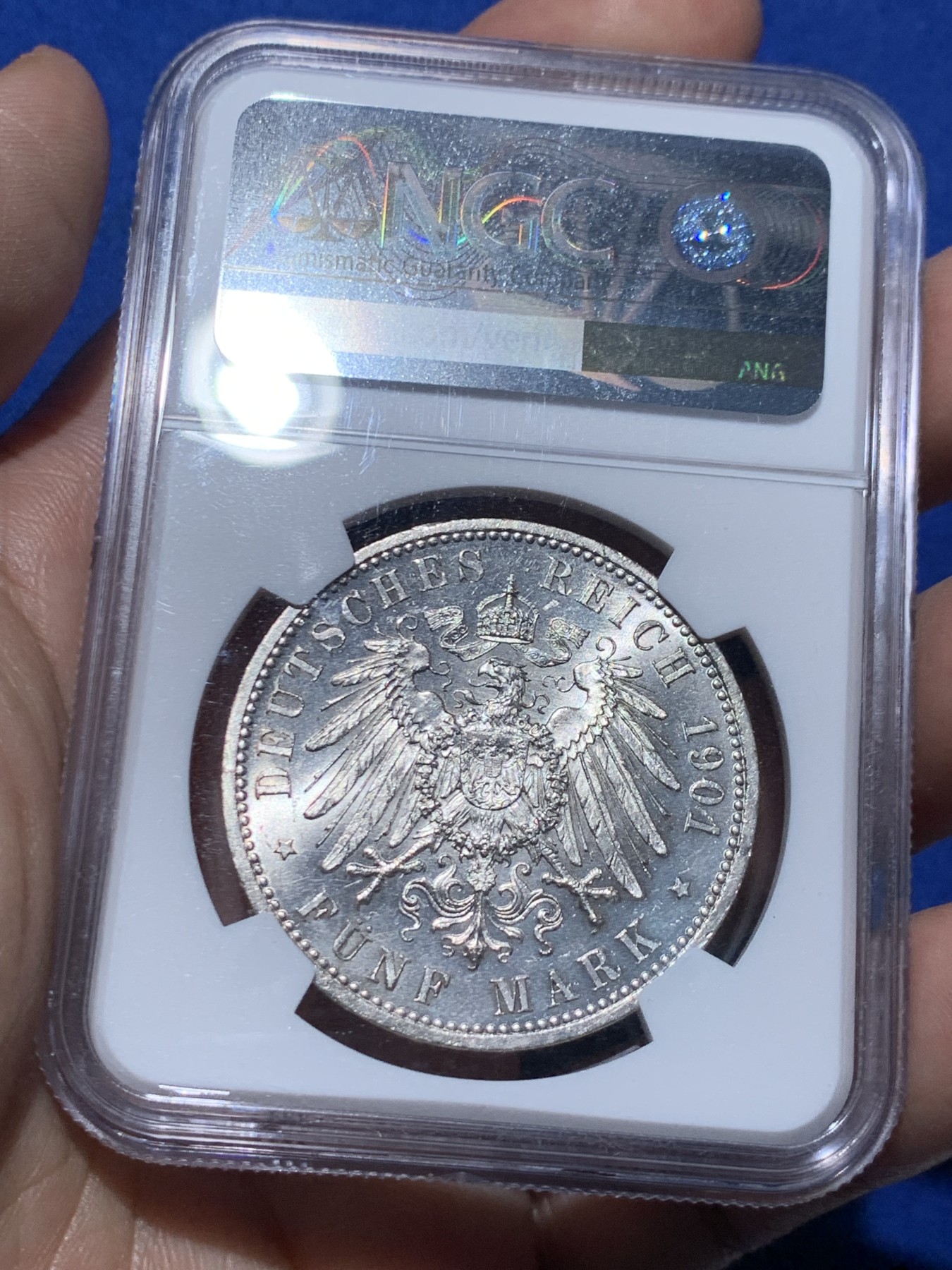 《竞宝斋》第259场-周日，周一 2场连拍 (全场包邮) NGC MS62 德国1901年普鲁士建国200周年5马克纪念银币 转光犀利 状态极佳