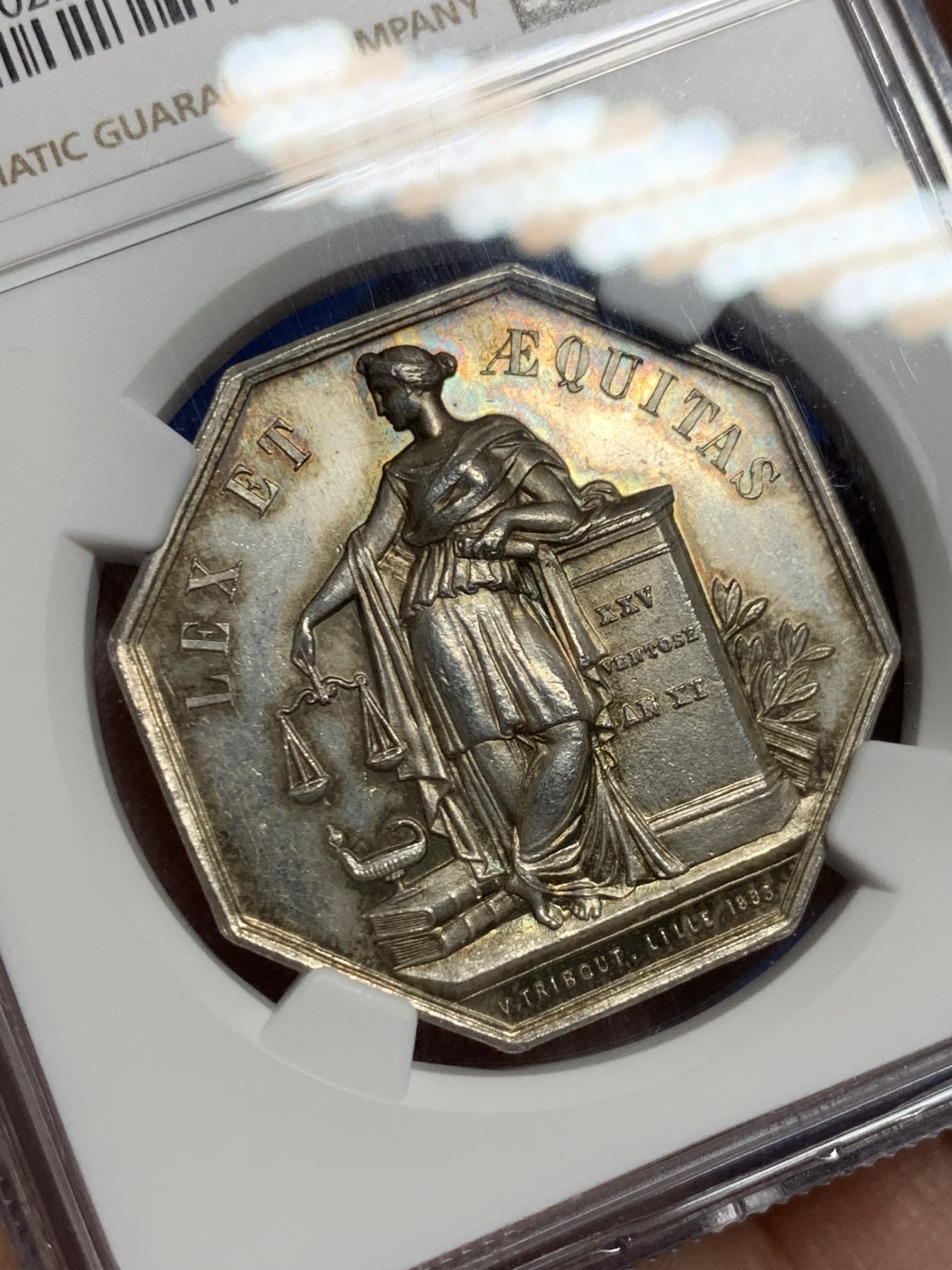 《竞宝斋》第259场-周日，周一 2场连拍 (全场包邮) NGC MS63 法国1883年里尔公证处八角银质代币 丰饶角边铭