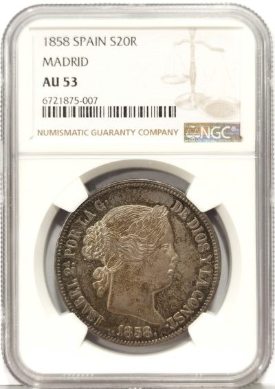 博洋堂世界钱币拍卖第073期（全场包邮） - NGC AU53 西班牙伊莎贝拉20里亚尔大银币，可爱猪头妹，原味五彩更高分仅有4枚