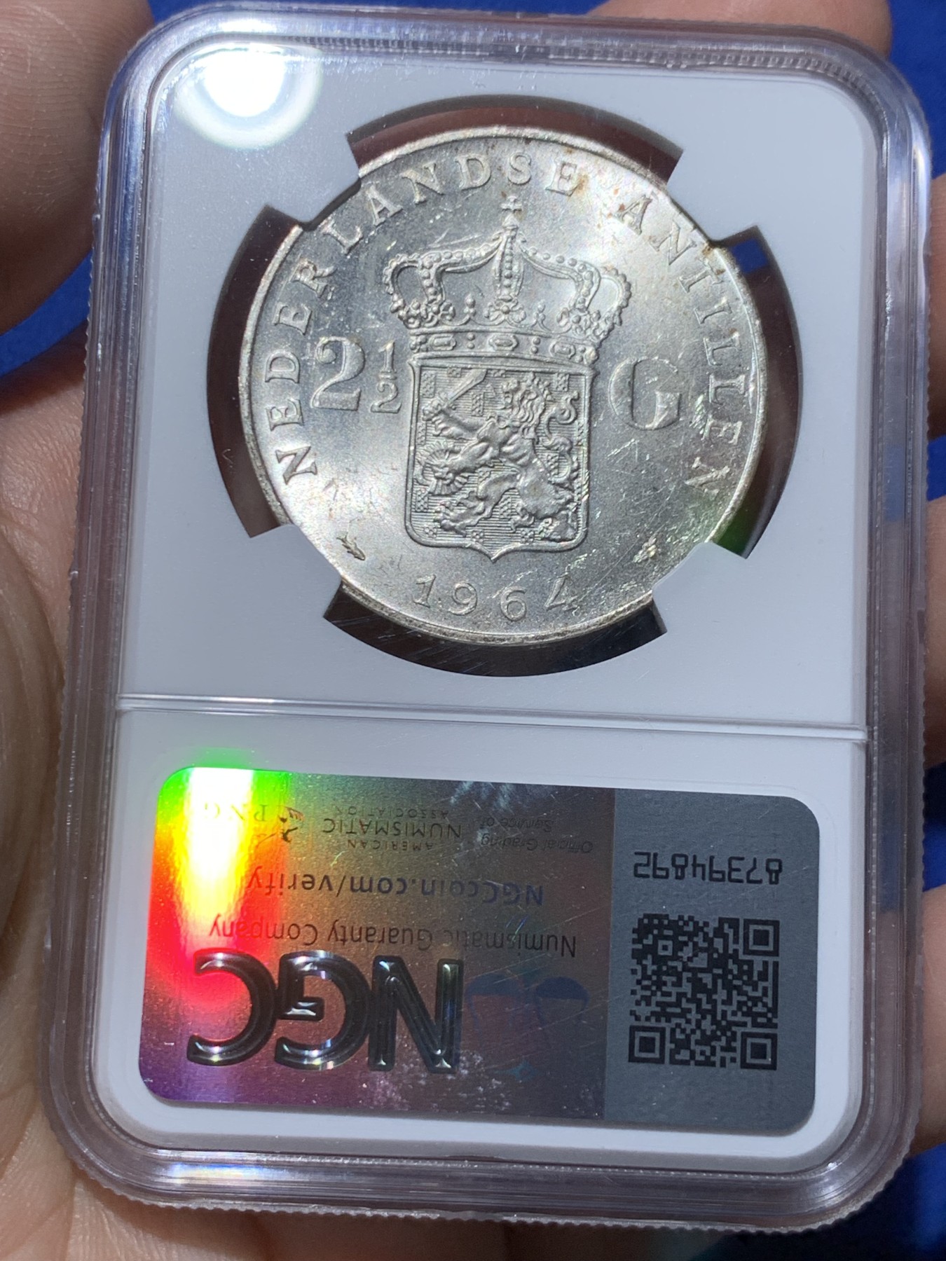 《竞宝斋》第259场-周日，周一 2场连拍 (全场包邮) NGC UNC 荷属安的列斯1964年朱莉安娜女王2.5盾大银币