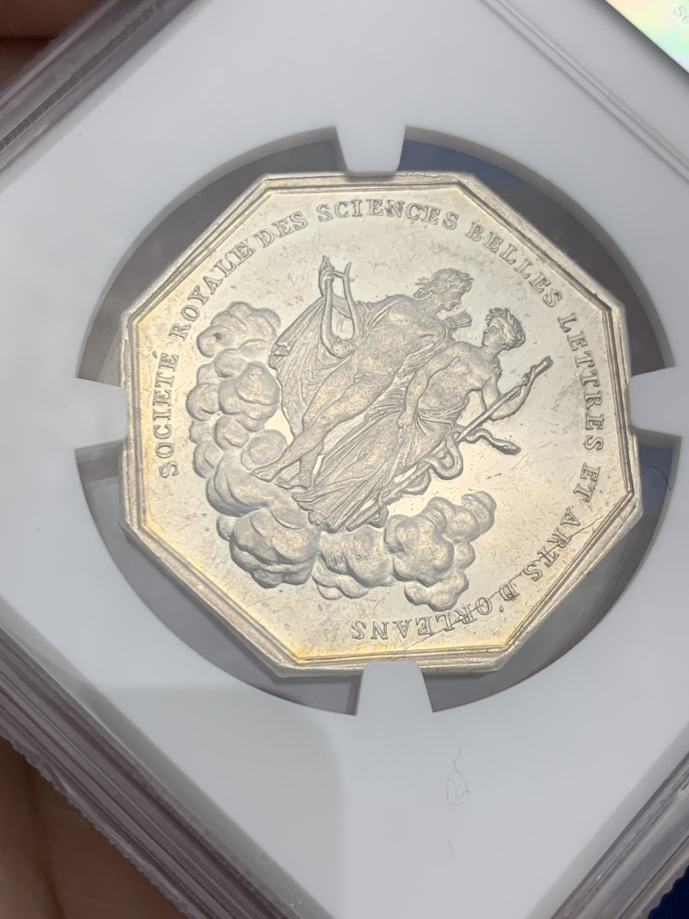 《竞宝斋》第259场-周日，周一 2场连拍 (全场包邮) NGC MS60 法国奥尔良社会八角银质代币 杜伯瓦作品 正面菲利普一世 早期油灯边铭