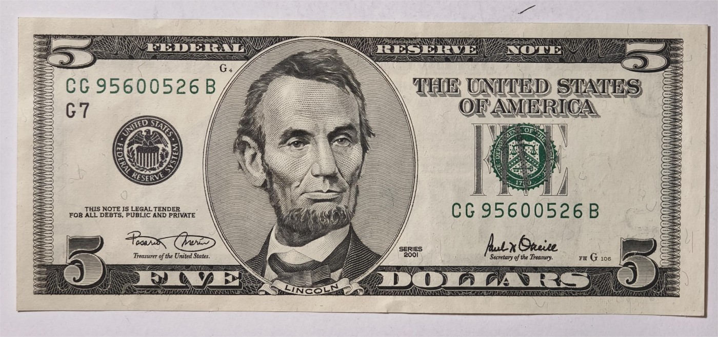 紫瑗钱币——第339期拍卖——纸币场 美国 2001年 G版 无序列 亚伯拉罕·林肯 5美元 大头版 UNC