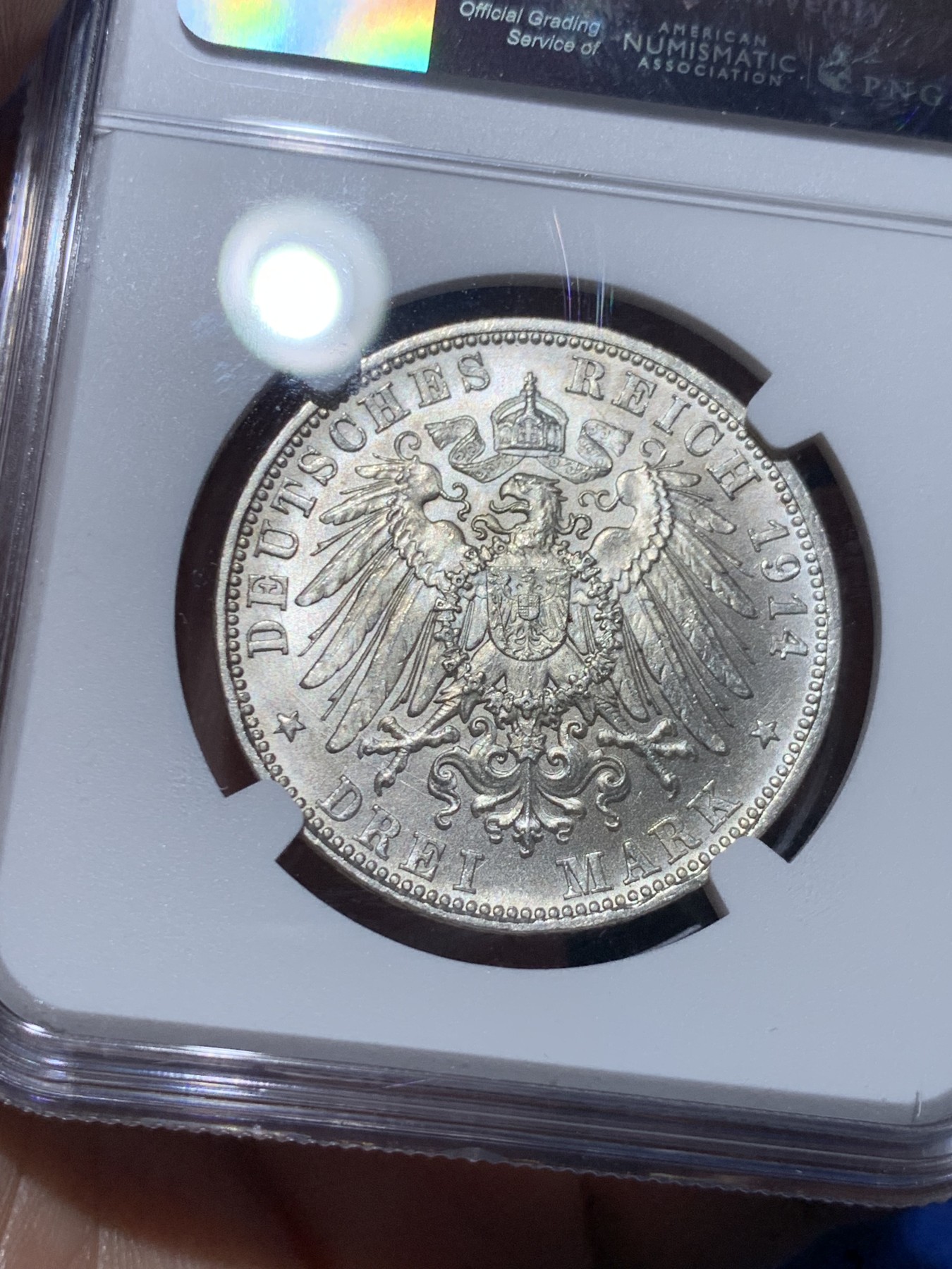 《竞宝斋》第259场-周日，周一 2场连拍 (全场包邮) NGC MS62 德国巴伐利亚1914年3马克银币