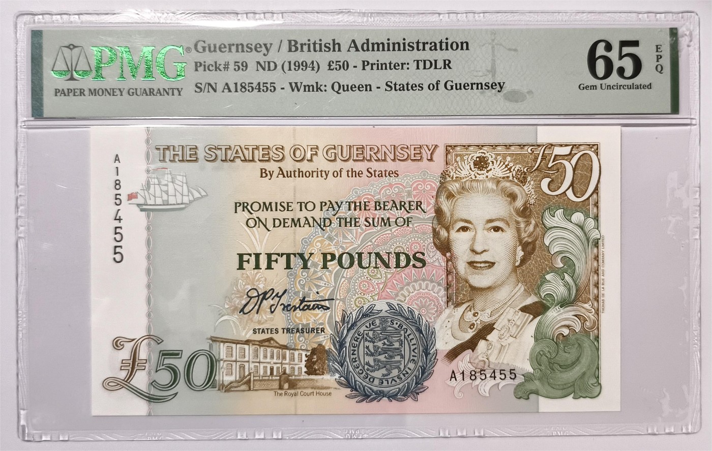 紫瑗钱币——第339期拍卖——纸币场 【首发A冠 PMG 65EPQ】格恩西 1994年 伊丽莎白二世 高冠 50磅 (P-59)