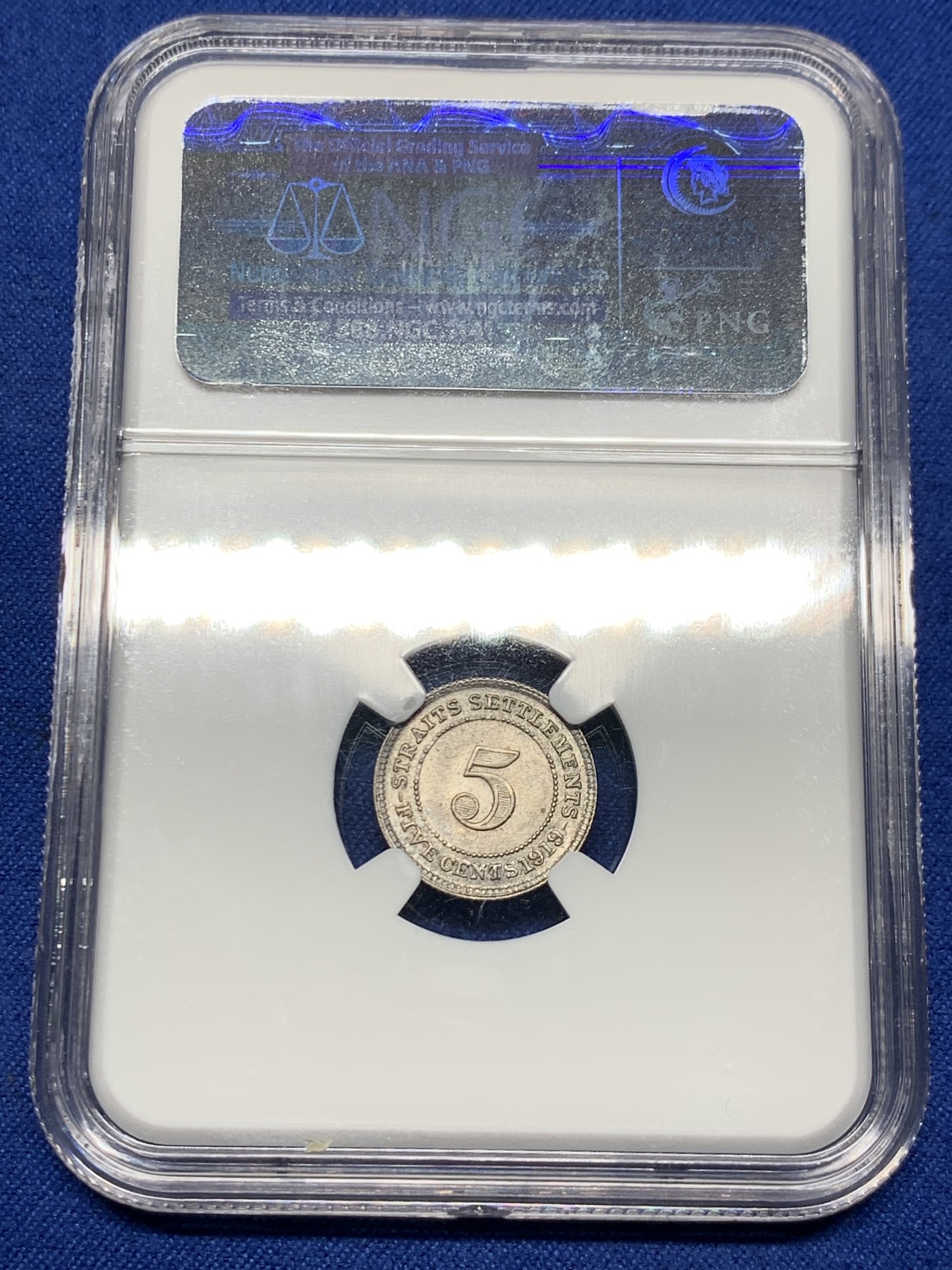 《竞宝斋》第259场-周日，周一 2场连拍 (全场包邮) NGC MS63 海峡殖民地1919年5分银币