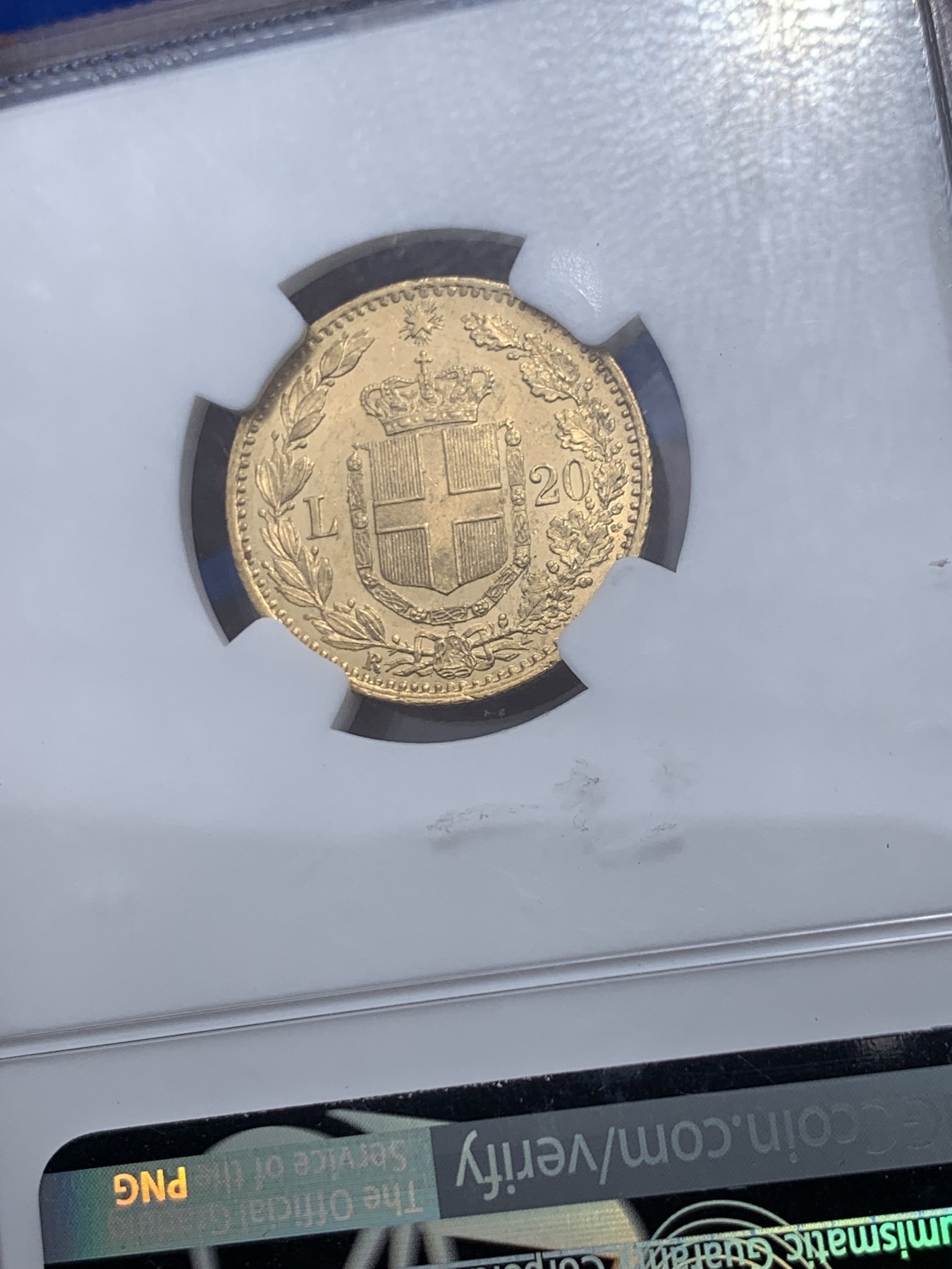 《竞宝斋》第259场-周日，周一 2场连拍 (全场包邮) NGC MS64  意大利 1882年翁贝托20里拉金币  PL镜面底板 6.45克