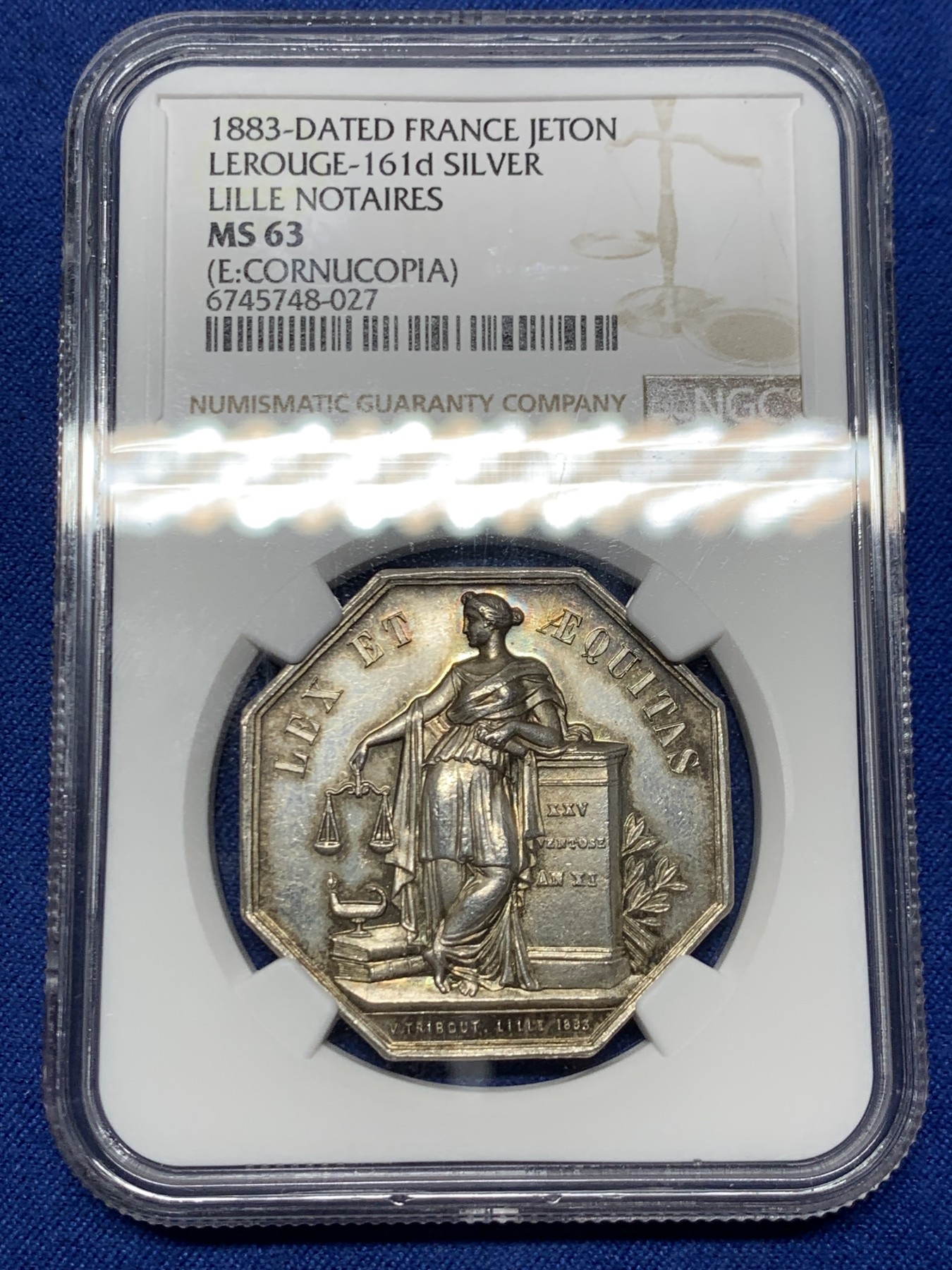 《竞宝斋》第259场-周日，周一 2场连拍 (全场包邮) NGC MS63 法国1883年里尔公证处八角银质代币 丰饶角边铭