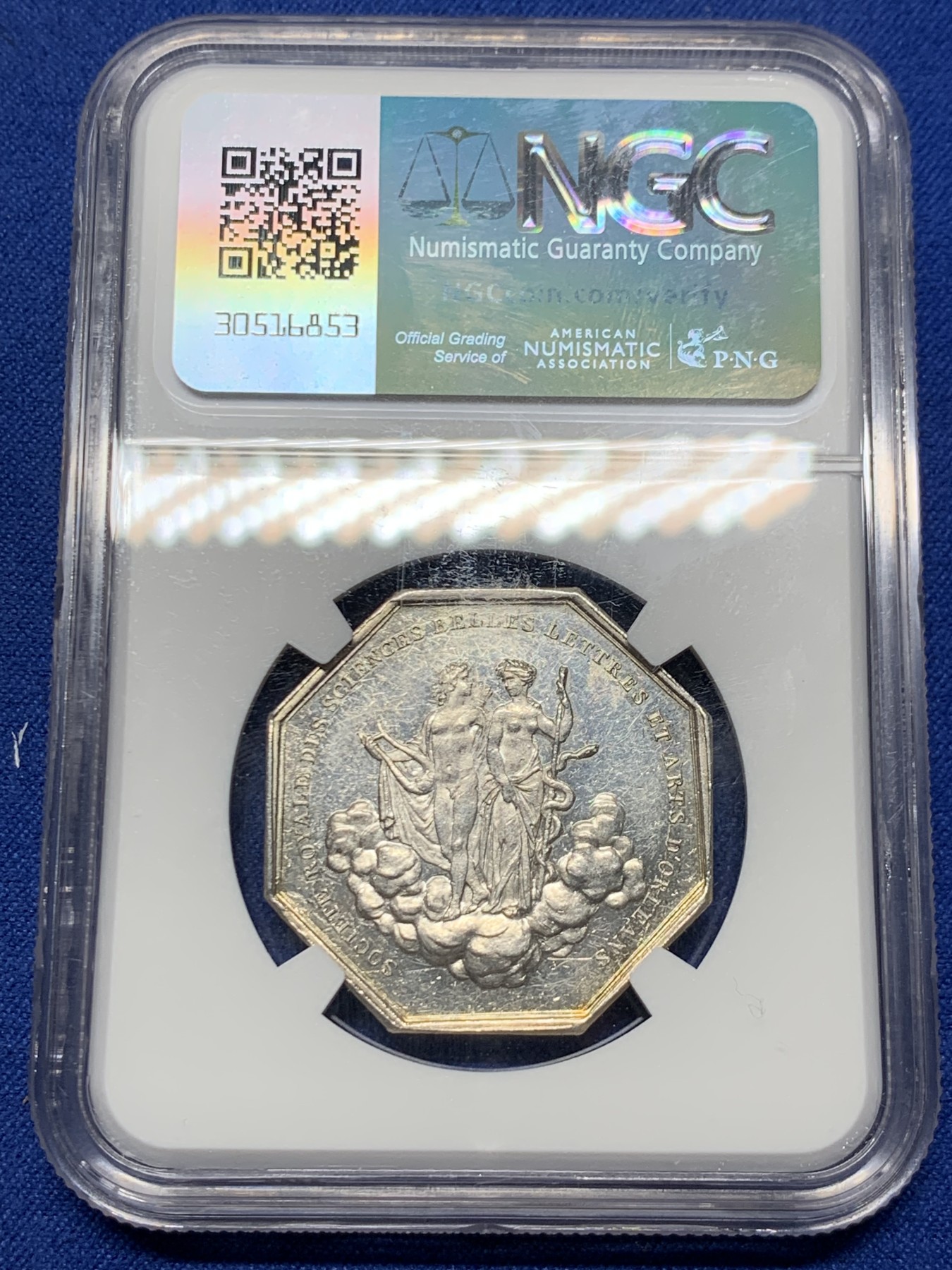 《竞宝斋》第259场-周日，周一 2场连拍 (全场包邮) NGC MS60 法国奥尔良社会八角银质代币 杜伯瓦作品 正面菲利普一世 早期油灯边铭