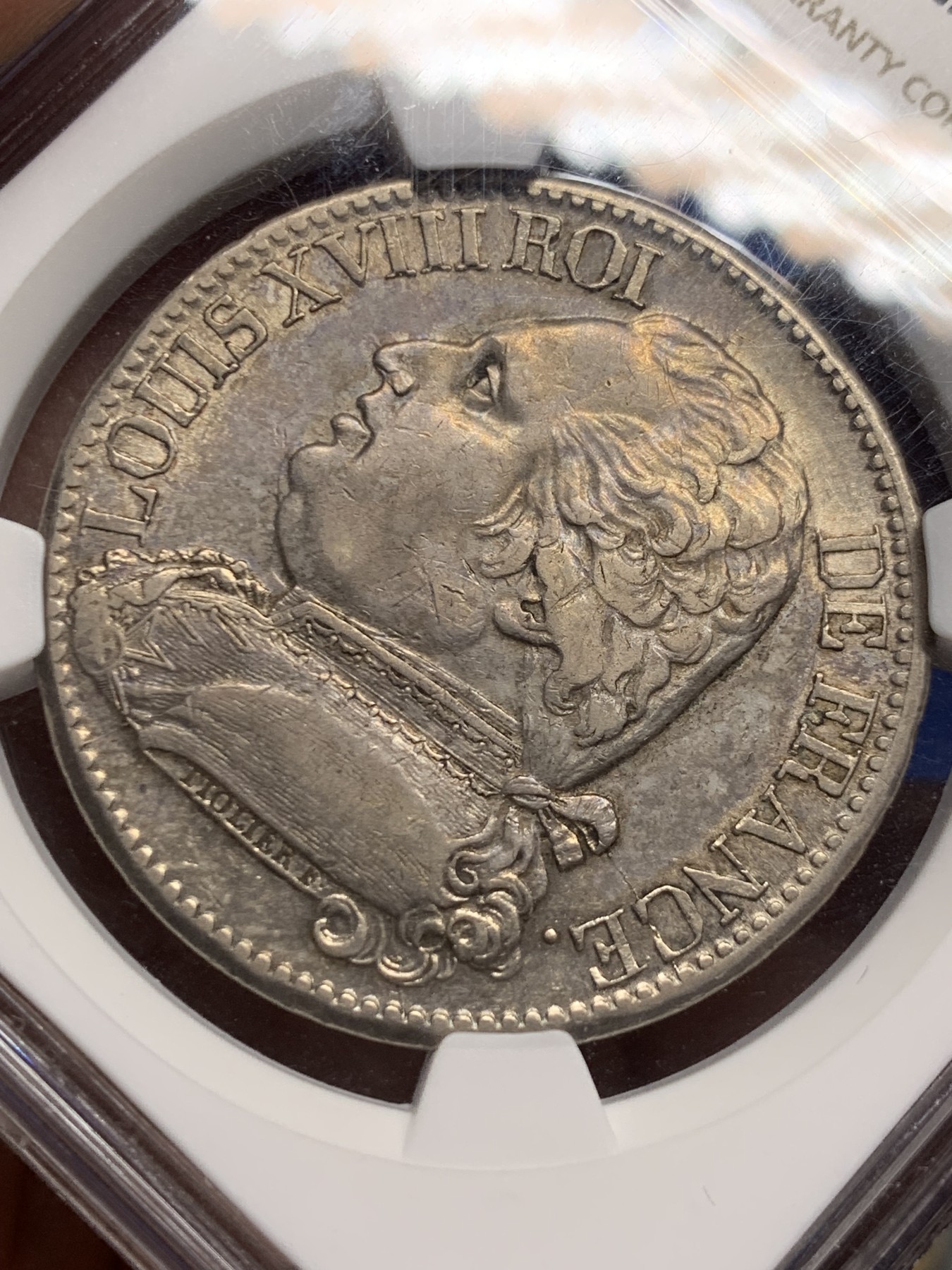 《竞宝斋》第259场-周日，周一 2场连拍 (全场包邮) NGC AU55 法国1814Q路易十八戎装版5法郎大银，稀见Q厂关门年份，铸造量仅36万枚，远少于同年A、I、L各厂。更高分仅4枚，AU以上错过难觅