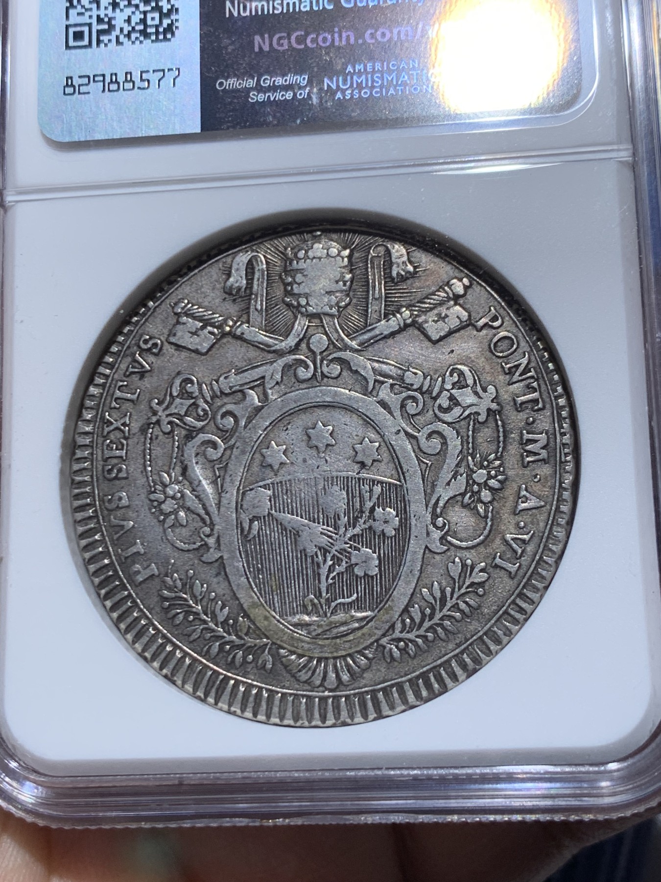 《竞宝斋》第259场-周日，周一 2场连拍 (全场包邮) NGC VFD 意大利教皇国1780年教皇庇护六世斯库多大银