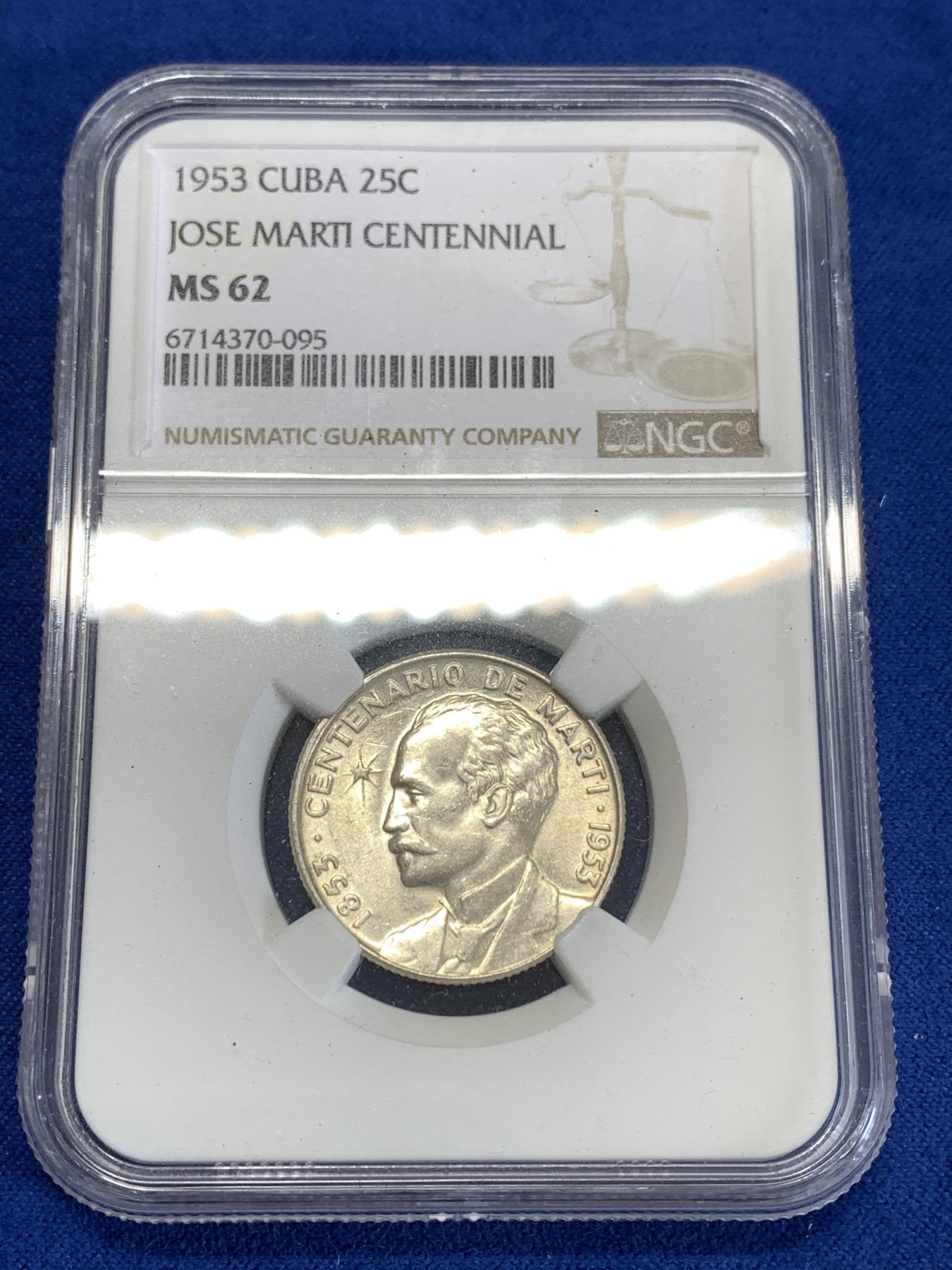 《竞宝斋》第259场-周日，周一 2场连拍 (全场包邮) NGC MS62 古巴1953年 何塞马丁百年纪念 25分银币