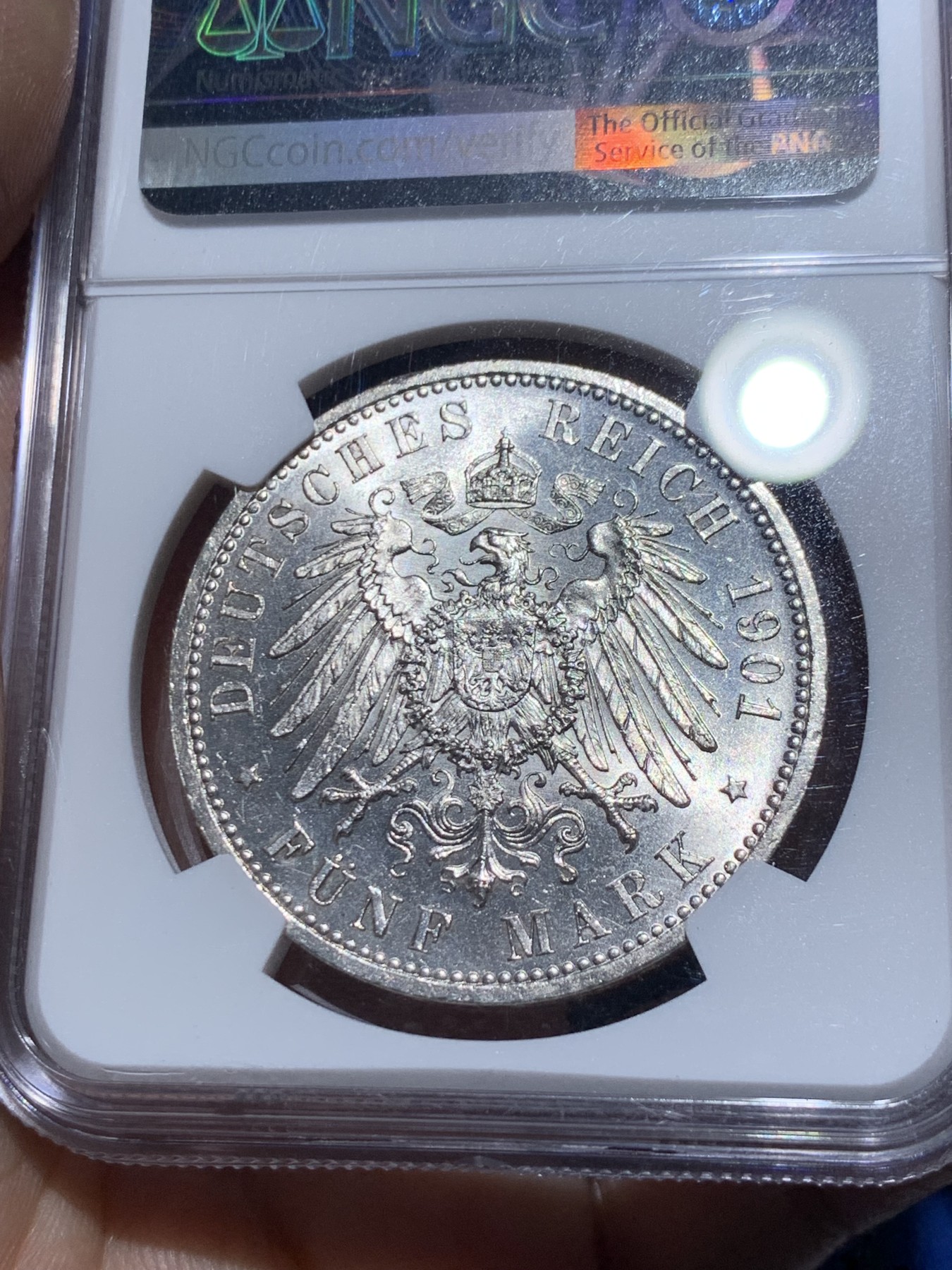 《竞宝斋》第259场-周日，周一 2场连拍 (全场包邮) NGC MS62 德国1901年普鲁士建国200周年5马克纪念银币 转光犀利 状态极佳