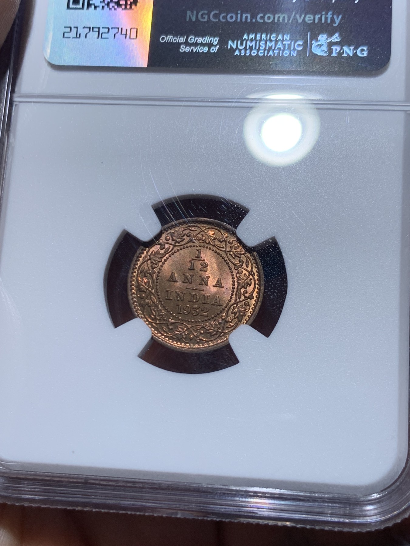 《竞宝斋》第259场-周日，周一 2场连拍 (全场包邮) NGC MS65RB 英属印度乔治五世1932年1/12安娜铜币