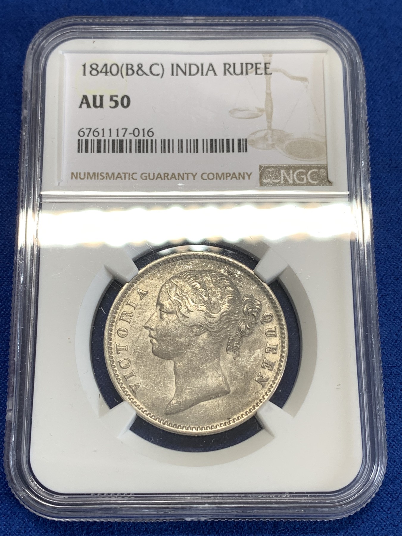 《竞宝斋》第259场-周日，周一 2场连拍 (全场包邮) NGC AU50 英属印度1840年维多利亚女王双辫版1卢比银币