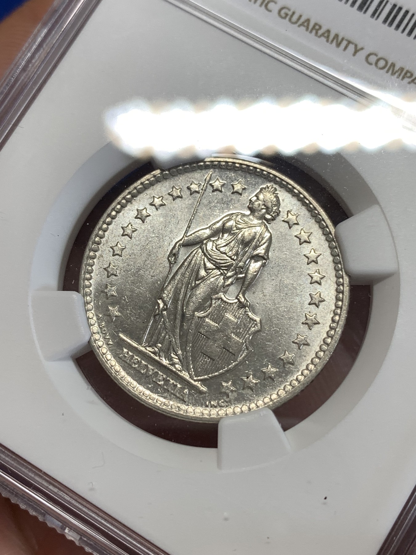 《竞宝斋》第259场-周日，周一 2场连拍 (全场包邮) NGC MS62 瑞士 1960年 赫尔维蒂亚 雪山女神2法郎银币