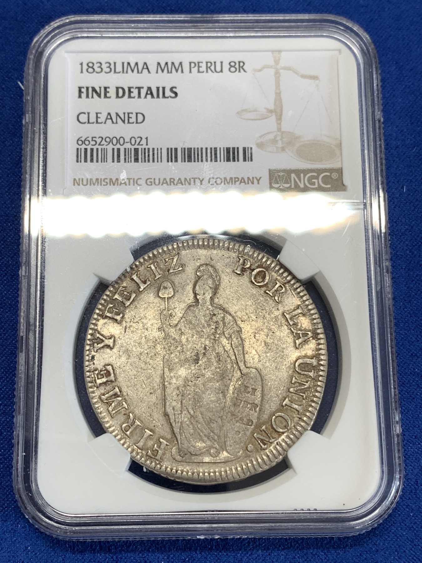 《竞宝斋》第259场-周日，周一 2场连拍 (全场包邮) NGC FD 秘鲁 1833年 站人 8瑞尔 大银币 国内少见